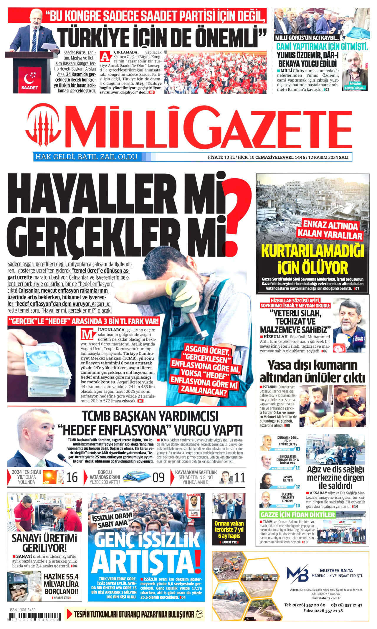 MİLLİ GAZETE gazetesinin 12 Kasım 2024 tarihli birinci sayfası