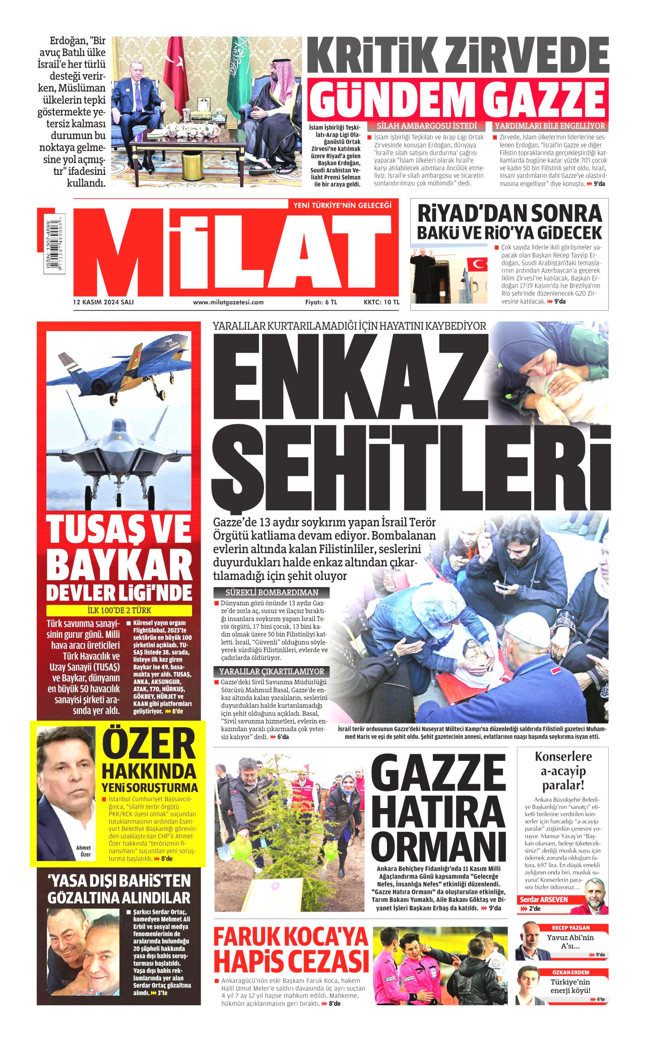 MİLAT gazetesinin 12 Kasım 2024 tarihli birinci sayfası