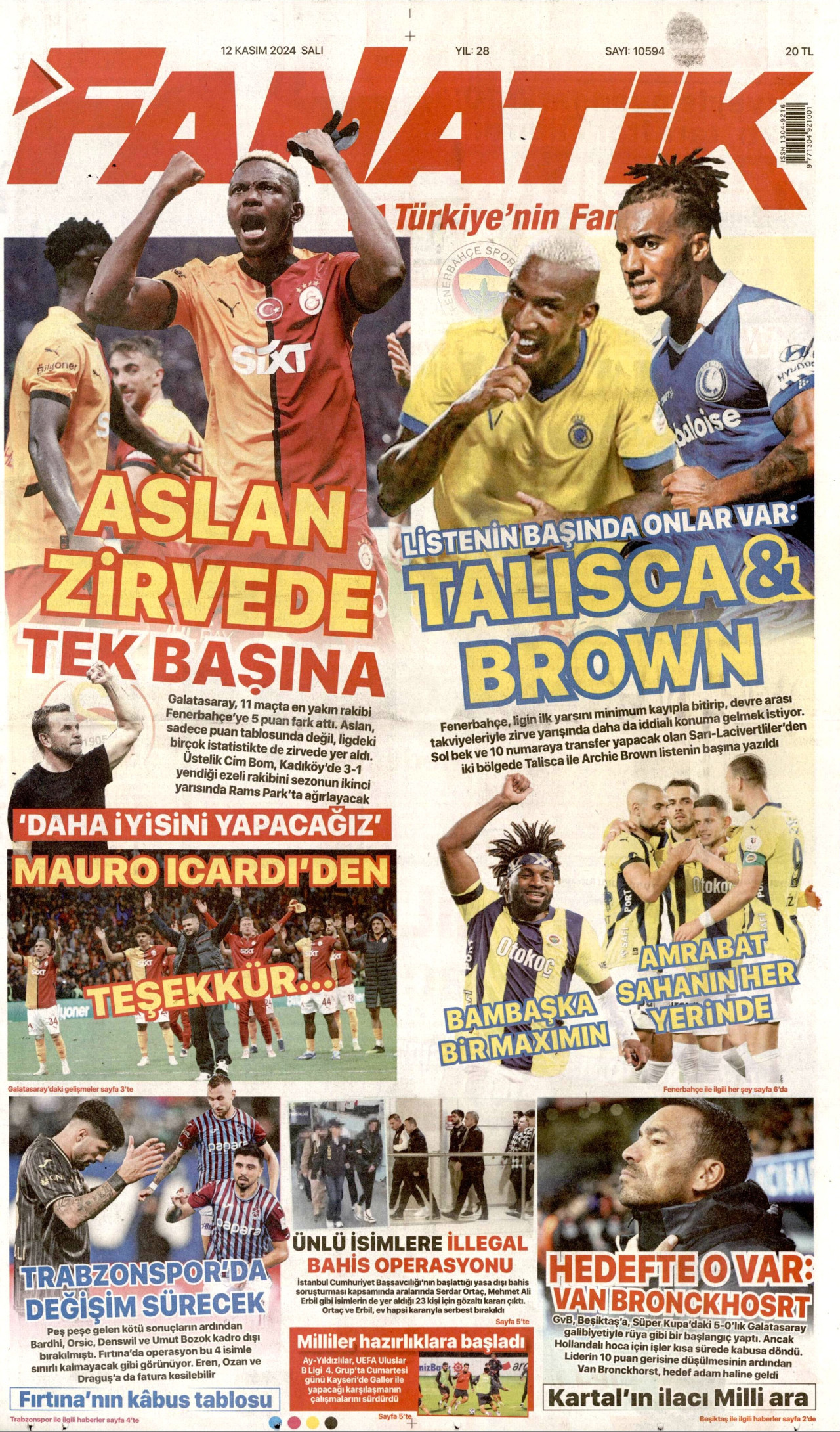 FANATİK gazetesinin 12 Kasım 2024 tarihli birinci sayfası