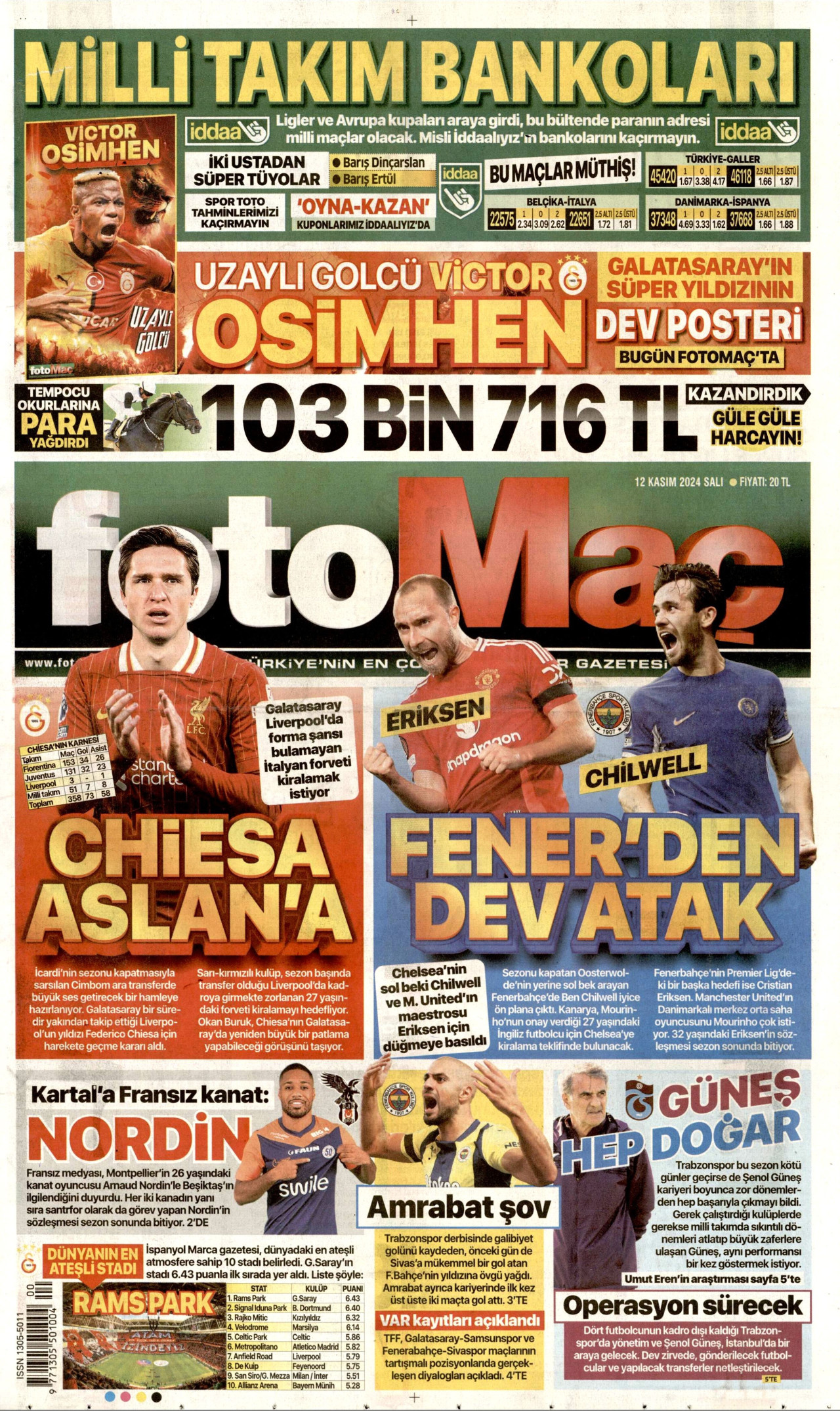 FOTOMAÇ gazetesinin 12 Kasım 2024 tarihli birinci sayfası