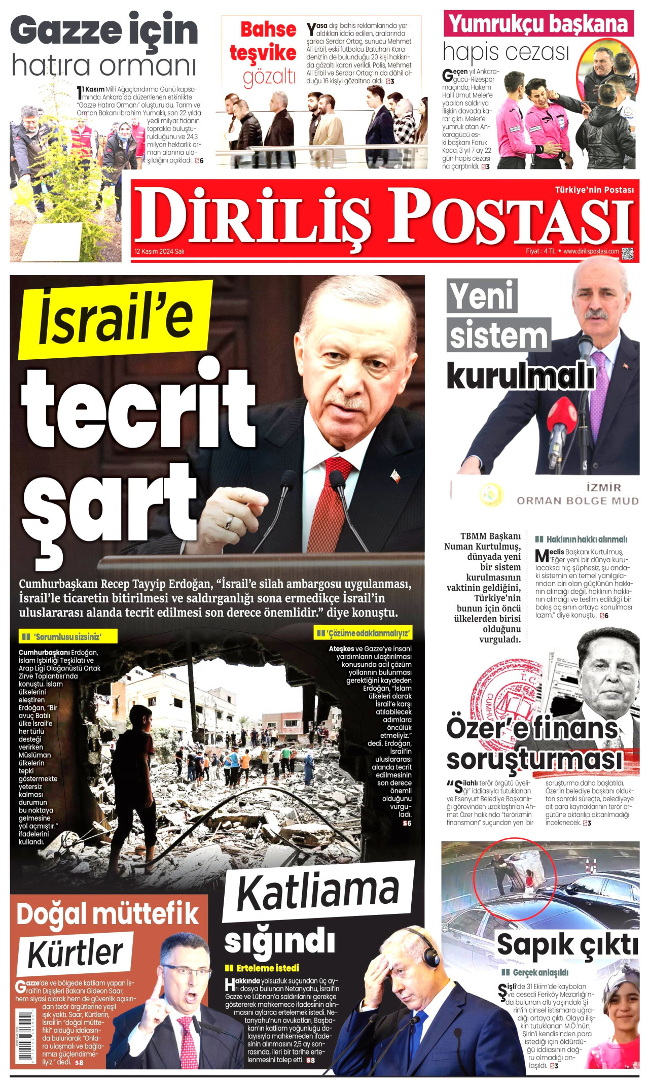 DİRİLİŞ POSTASI gazetesinin 12 Kasım 2024 tarihli birinci sayfası