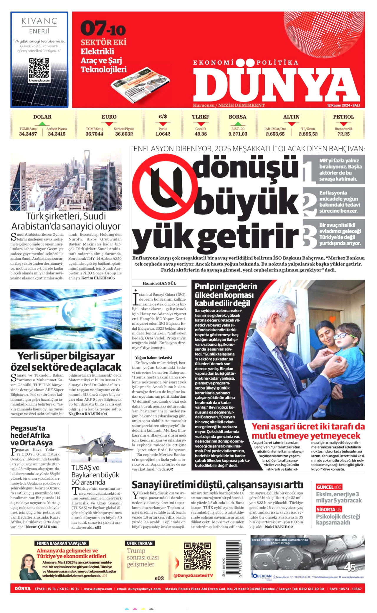 DÜNYA gazetesinin 12 Kasım 2024 tarihli birinci sayfası