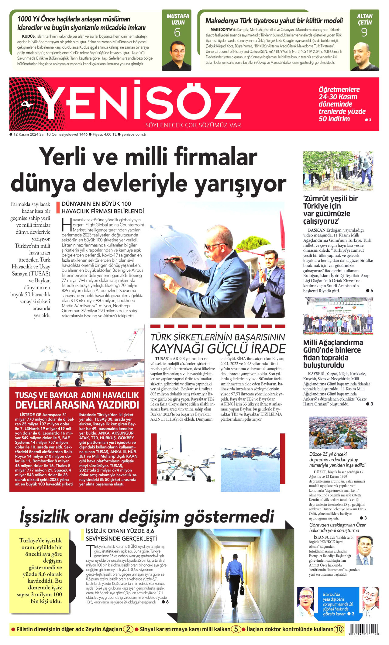 YENİ SÖZ GAZETESİ gazetesinin 12 Kasım 2024 tarihli birinci sayfası