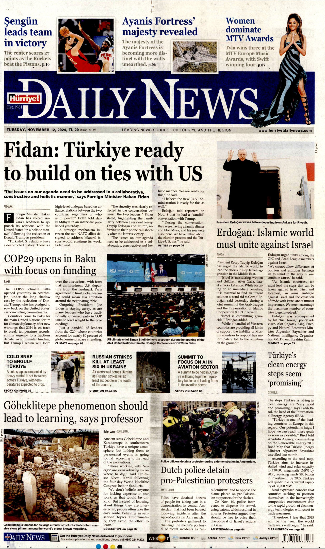 HÜRRİYET DAİLY NEWS gazetesinin 12 Kasım 2024 tarihli birinci sayfası