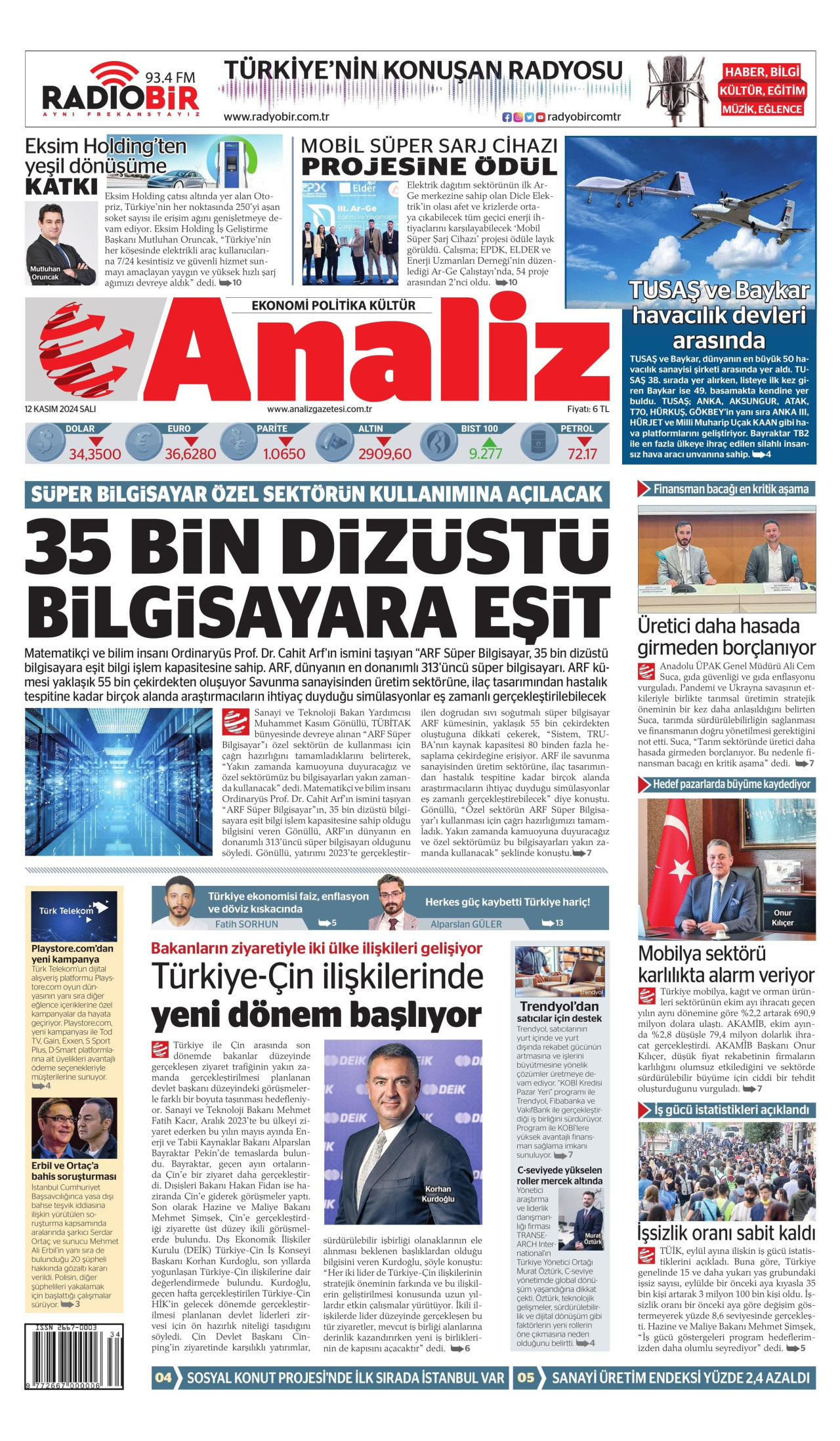 ANALİZ gazetesinin 12 Kasım 2024 tarihli birinci sayfası