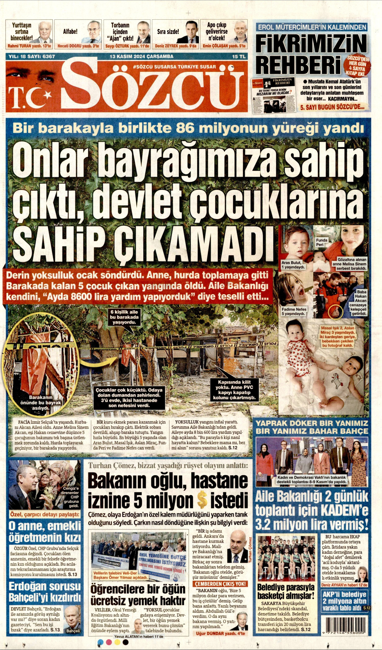 SÖZCÜ gazetesinin 13 Kasım 2024 tarihli birinci sayfası