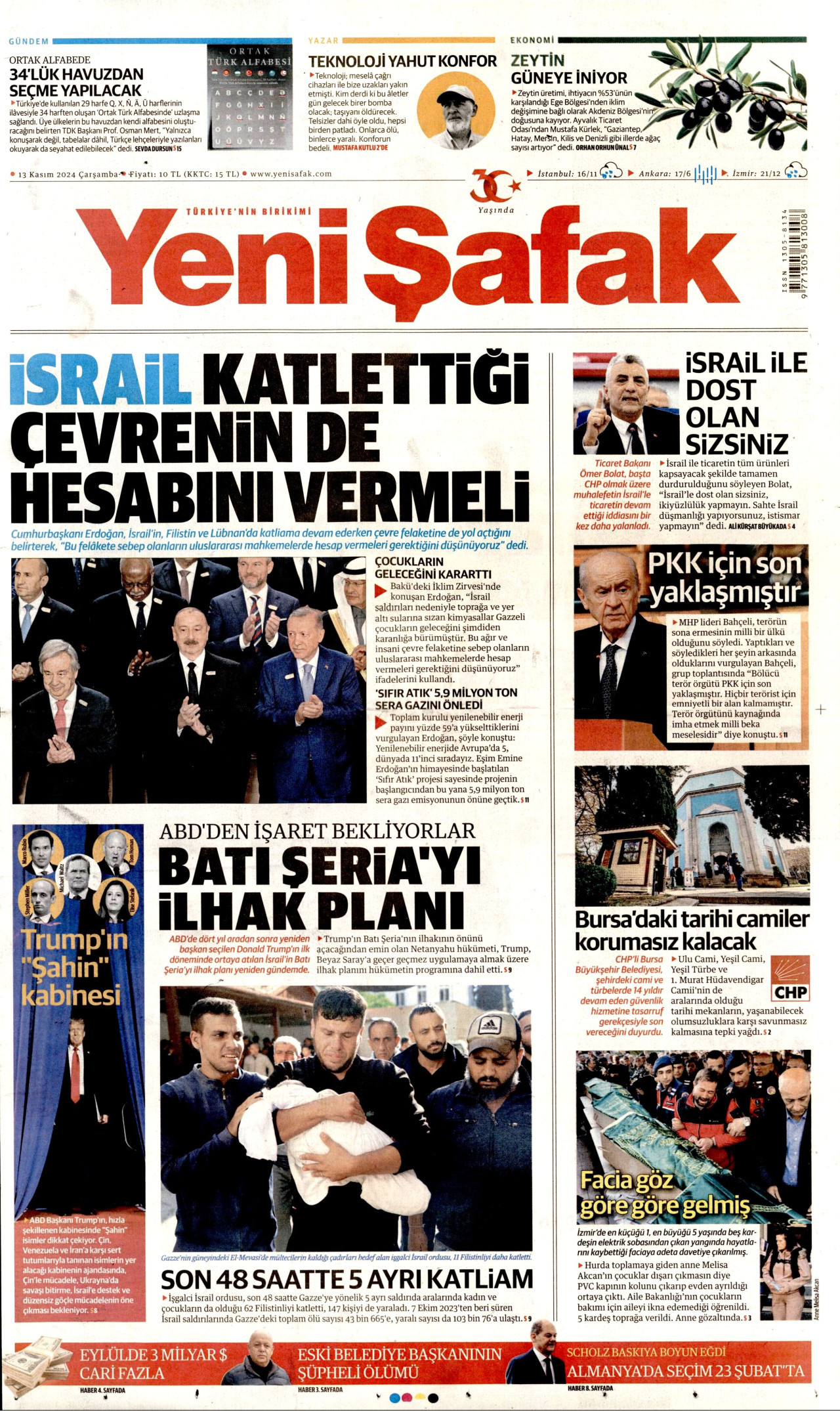 YENİ ŞAFAK gazetesinin 13 Kasım 2024 tarihli birinci sayfası