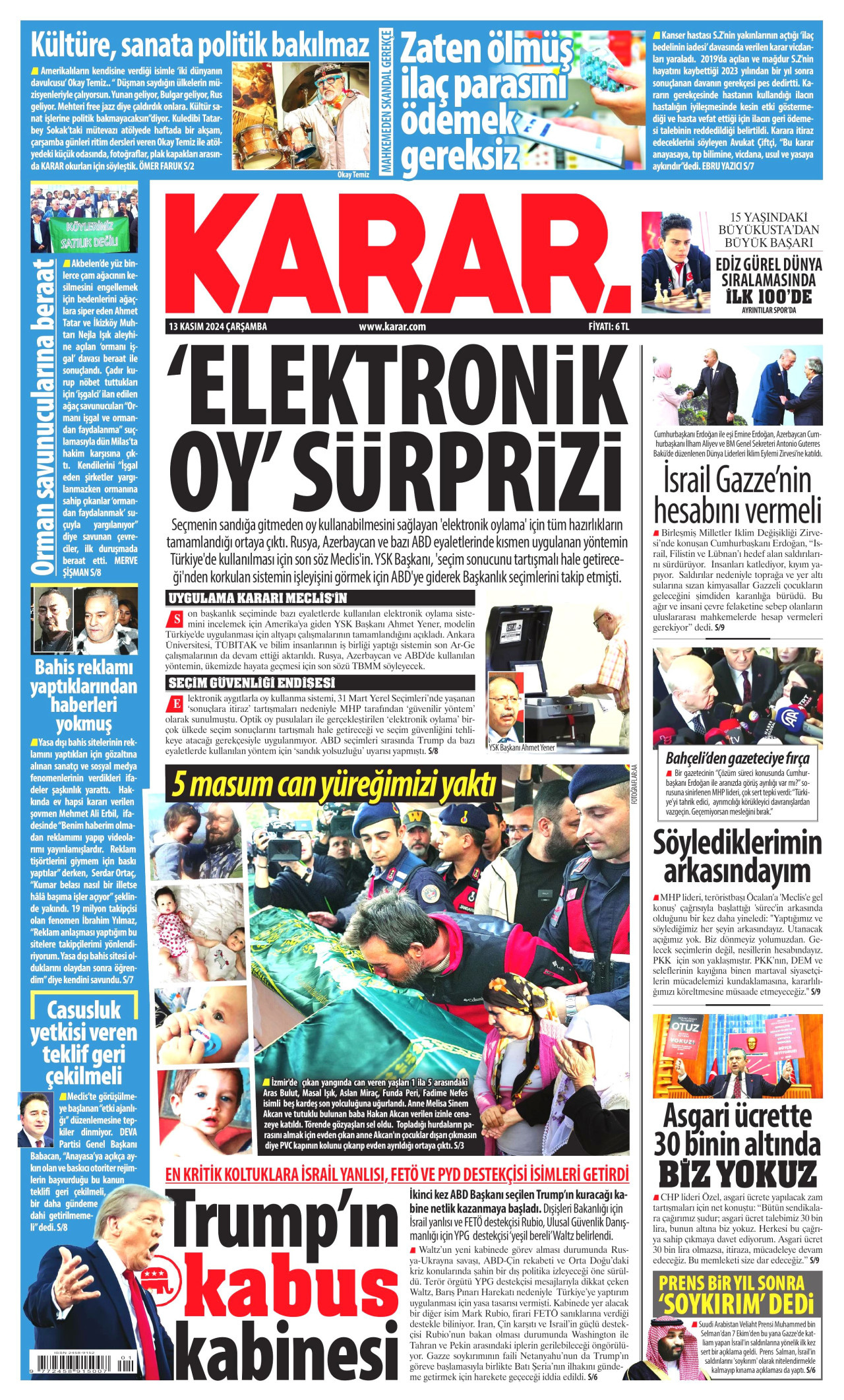 KARAR gazetesinin 13 Kasım 2024 tarihli birinci sayfası