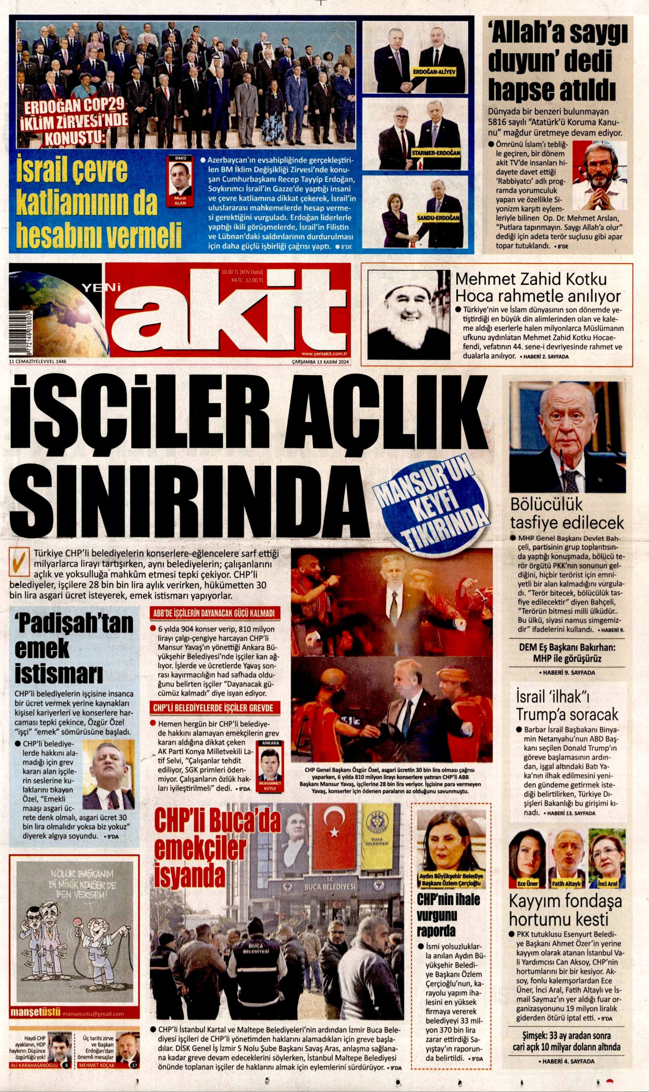 YENİ AKİT gazetesinin 13 Kasım 2024 tarihli birinci sayfası