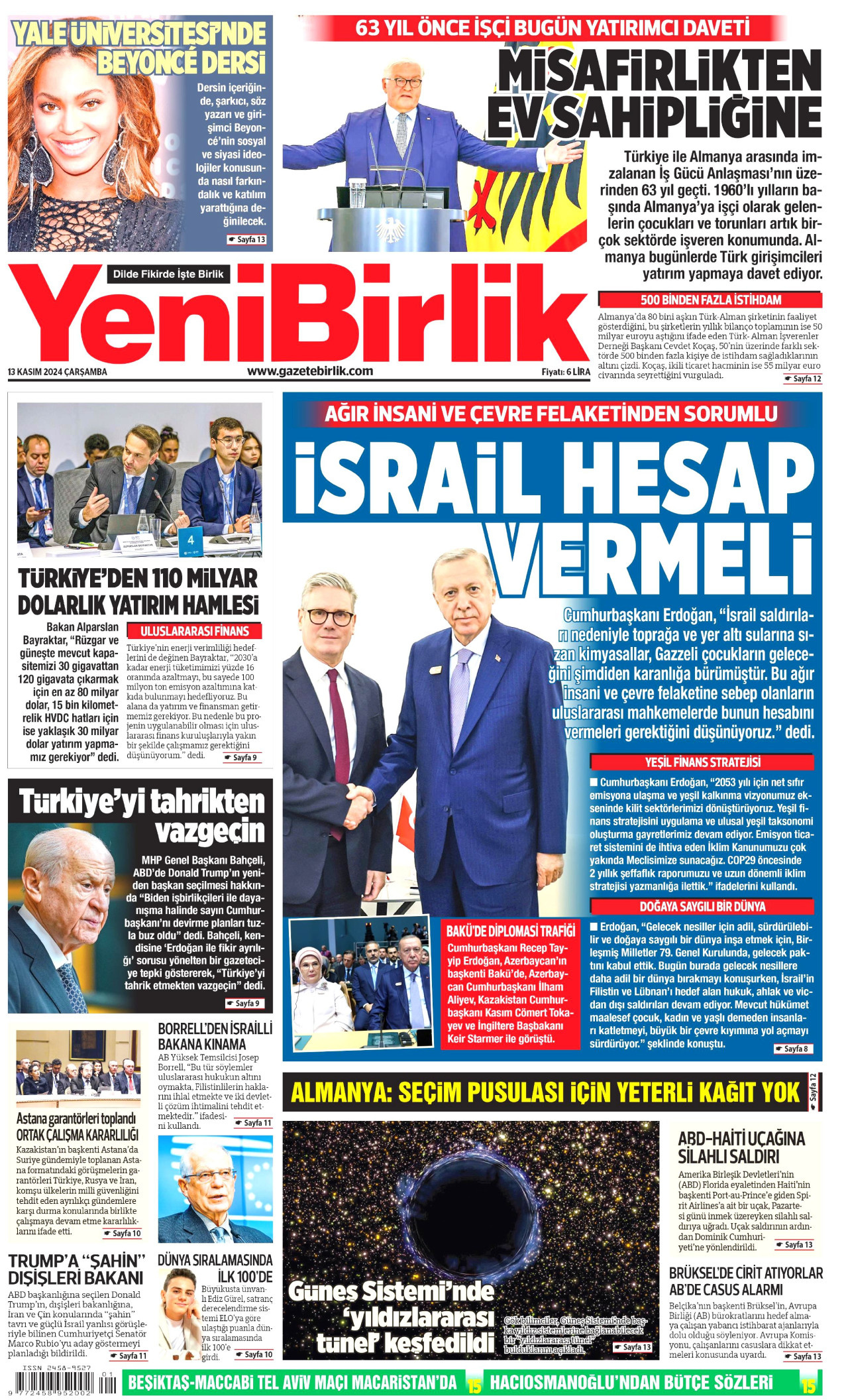 YENİBİRLİK gazetesinin 13 Kasım 2024 tarihli birinci sayfası