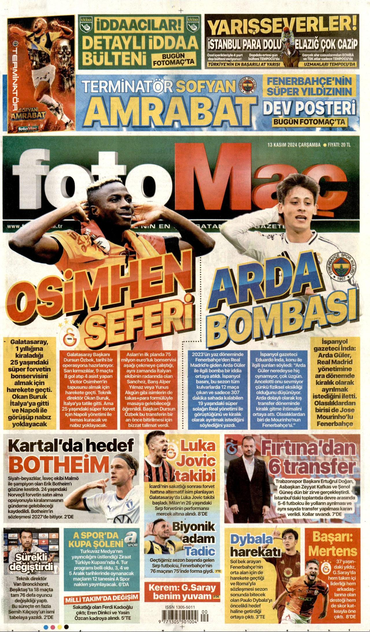 FOTOMAÇ gazetesinin 13 Kasım 2024 tarihli birinci sayfası