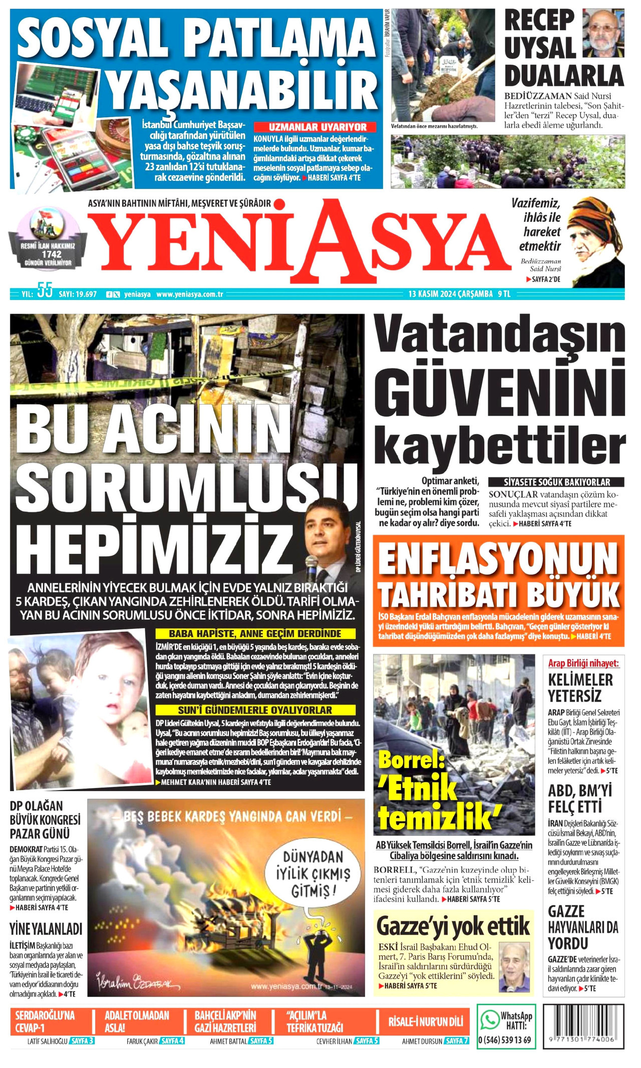 YENİ ASYA gazetesinin 13 Kasım 2024 tarihli birinci sayfası