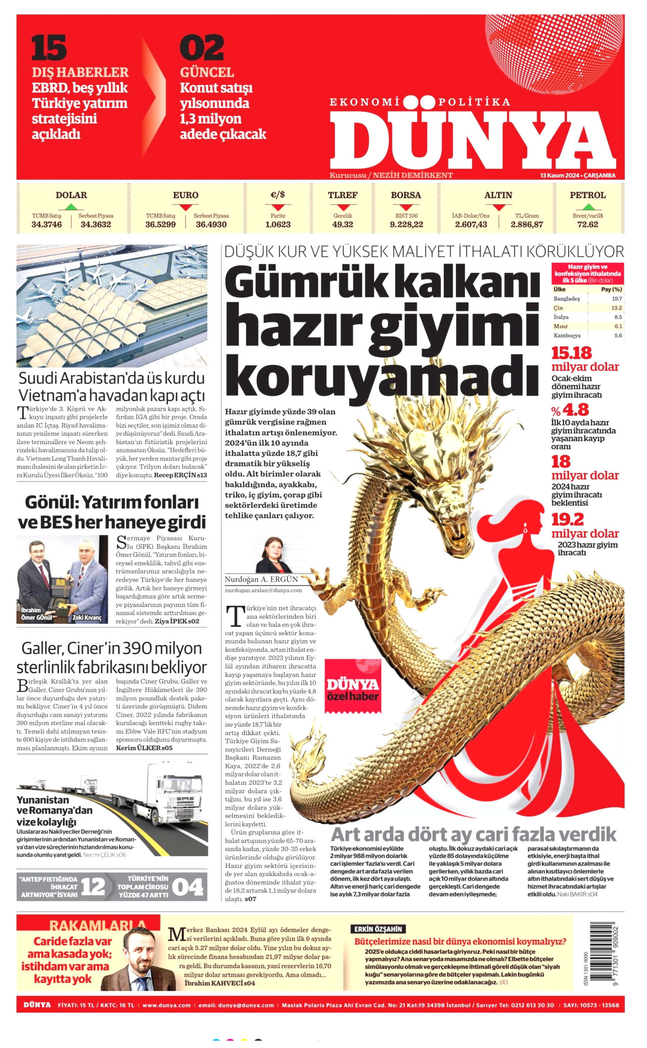 DÜNYA gazetesinin 13 Kasım 2024 tarihli birinci sayfası