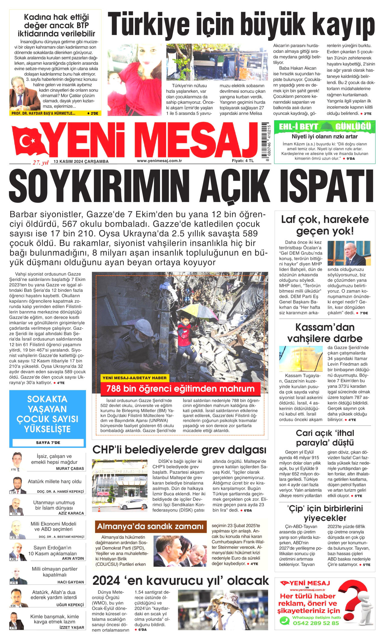 YENİ MESAJ gazetesinin 13 Kasım 2024 tarihli birinci sayfası