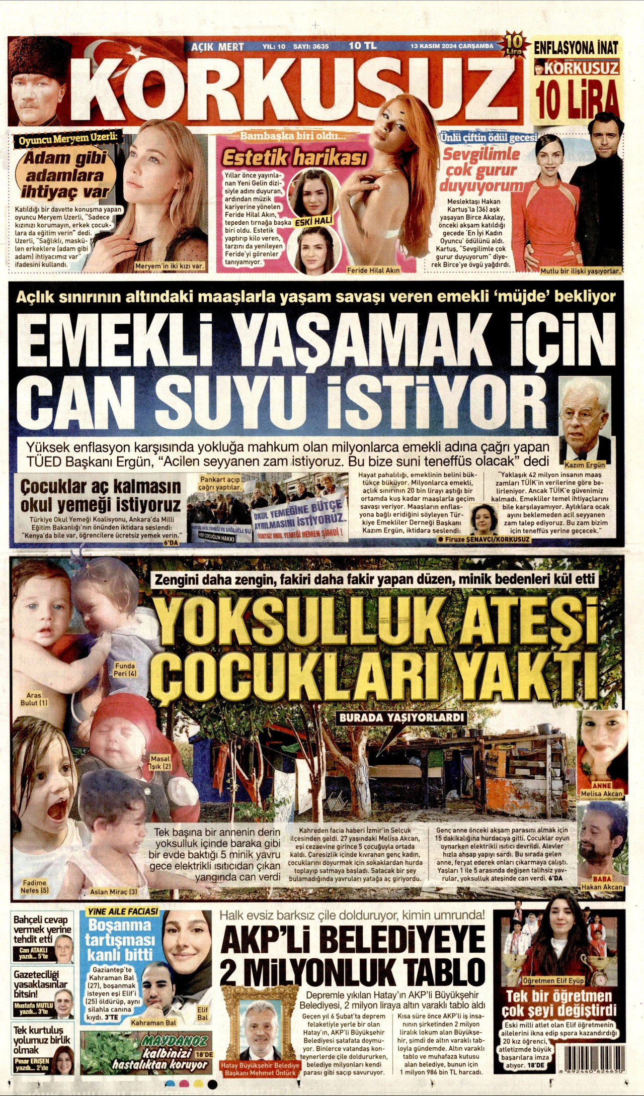 KORKUSUZ gazetesinin 13 Kasım 2024 tarihli birinci sayfası