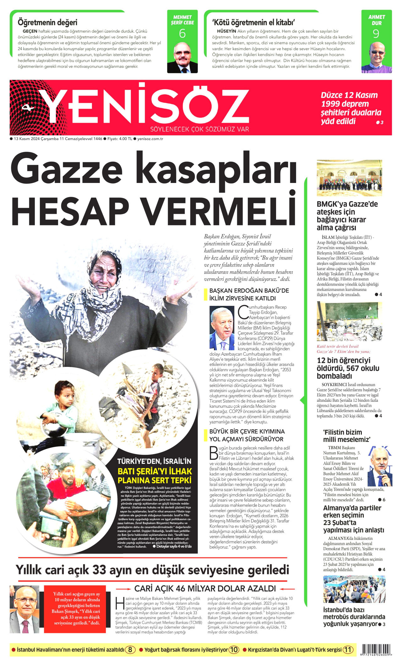 YENİ SÖZ GAZETESİ gazetesinin 13 Kasım 2024 tarihli birinci sayfası