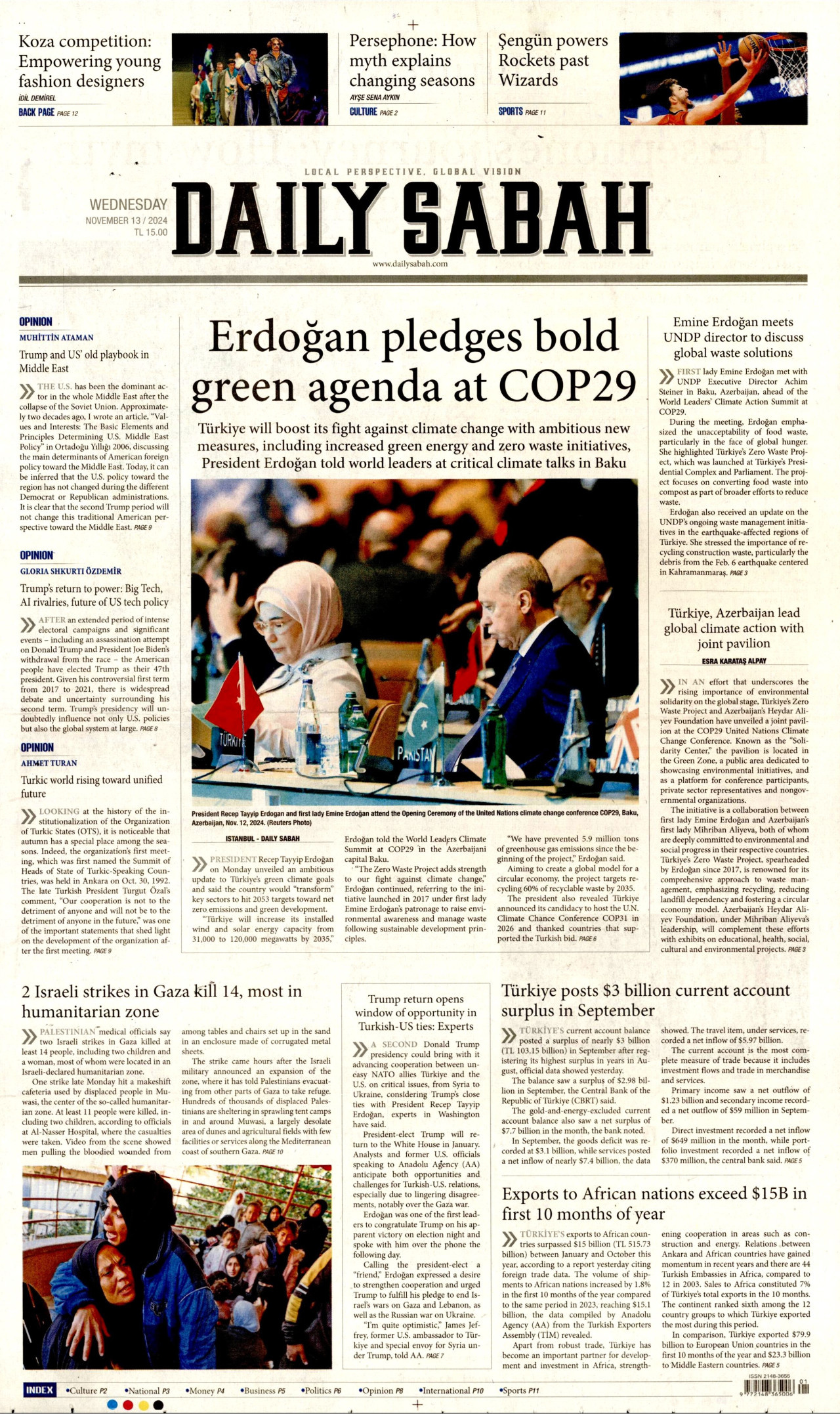 DAİLY SABAH gazetesinin 13 Kasım 2024 tarihli birinci sayfası
