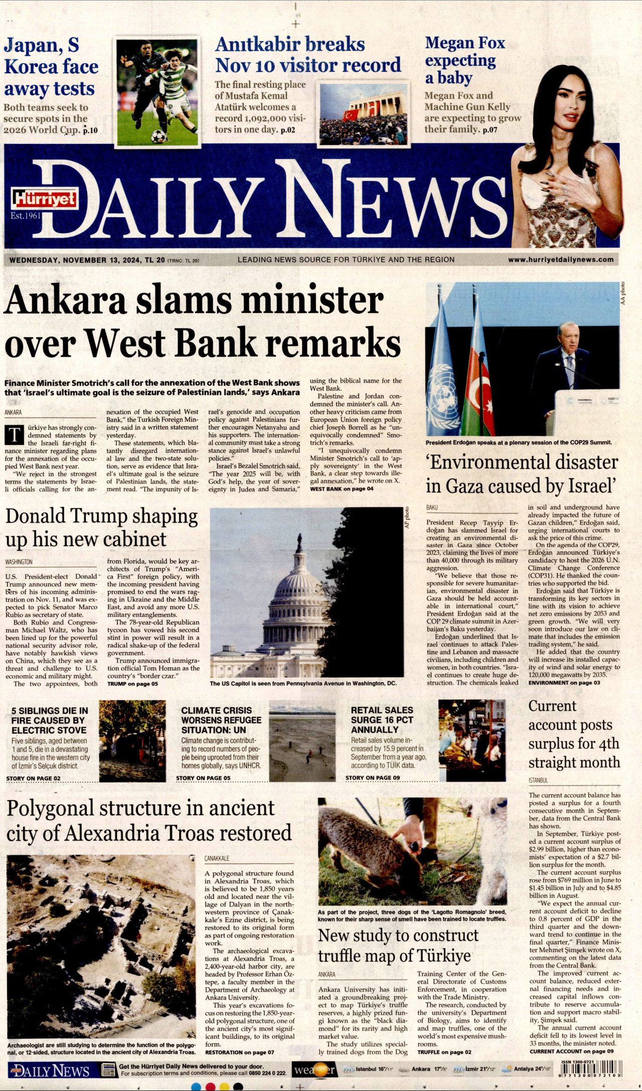 HÜRRİYET DAİLY NEWS gazetesinin 13 Kasım 2024 tarihli birinci sayfası