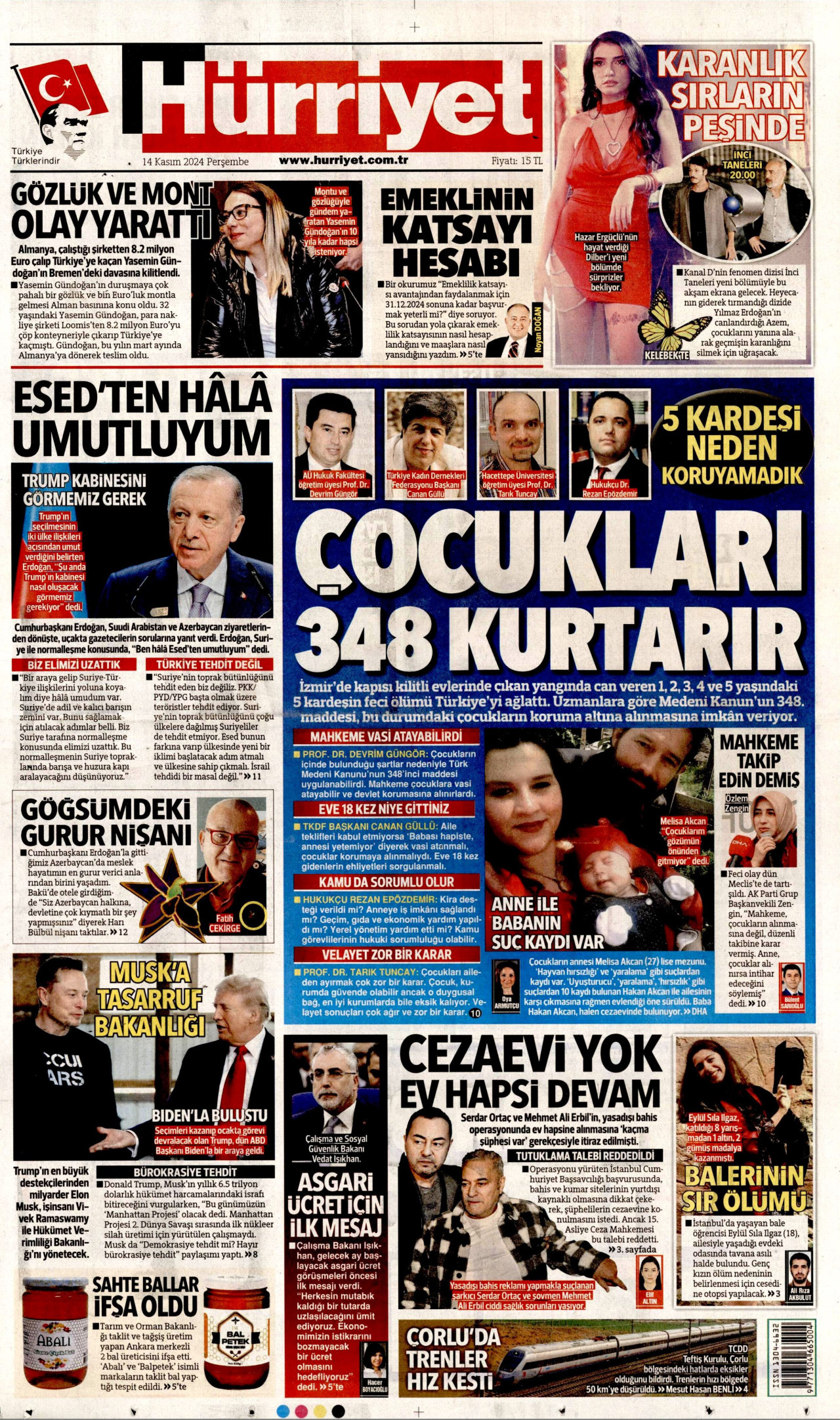 HÜRRİYET gazetesinin 14 Kasım 2024 tarihli birinci sayfası