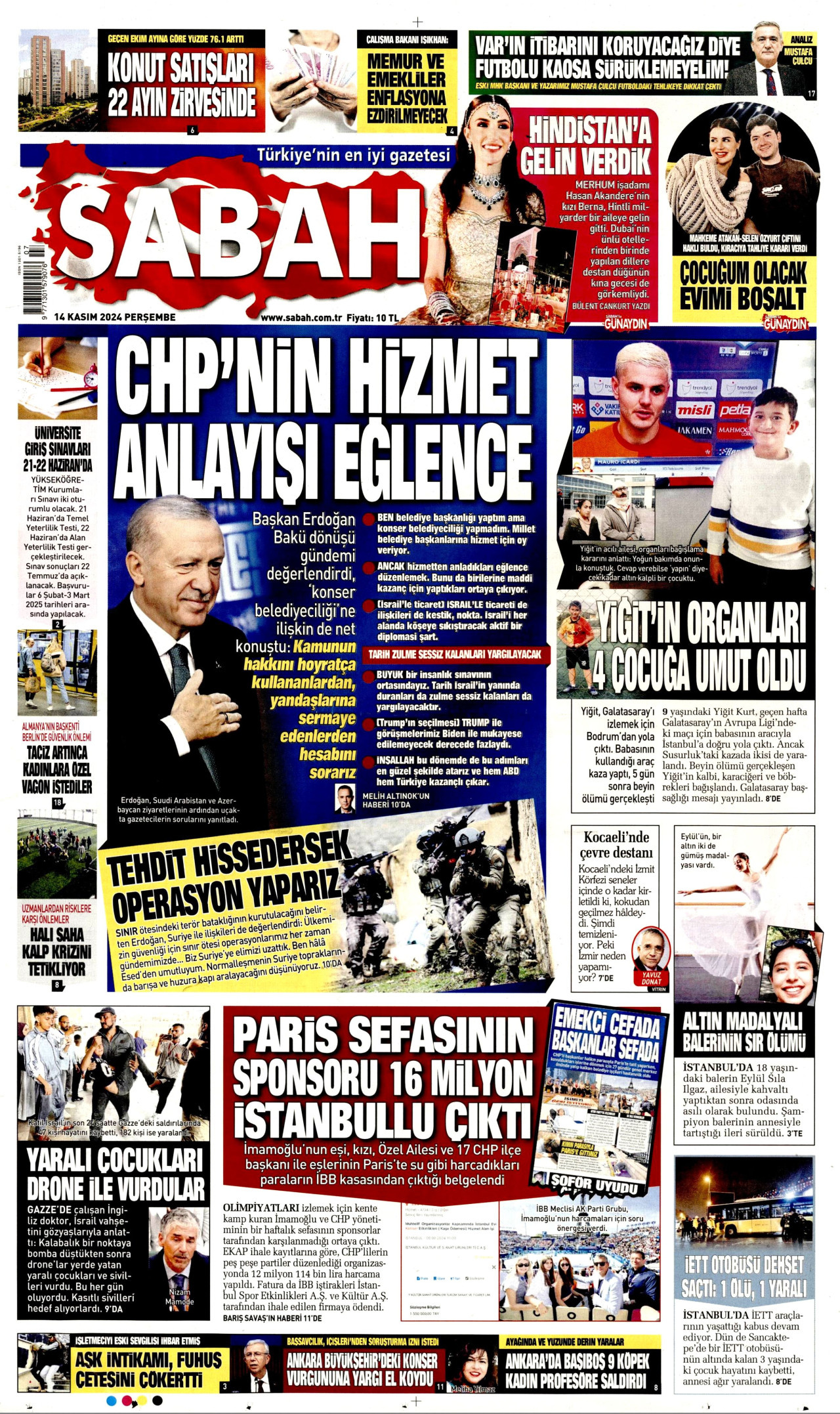 SABAH gazetesinin 14 Kasım 2024 tarihli birinci sayfası