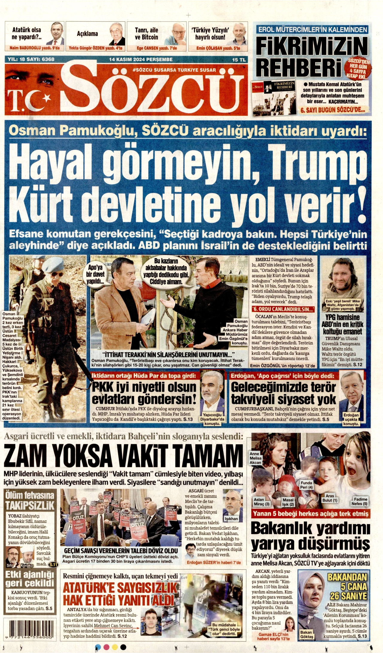 SÖZCÜ gazetesinin 14 Kasım 2024 tarihli birinci sayfası