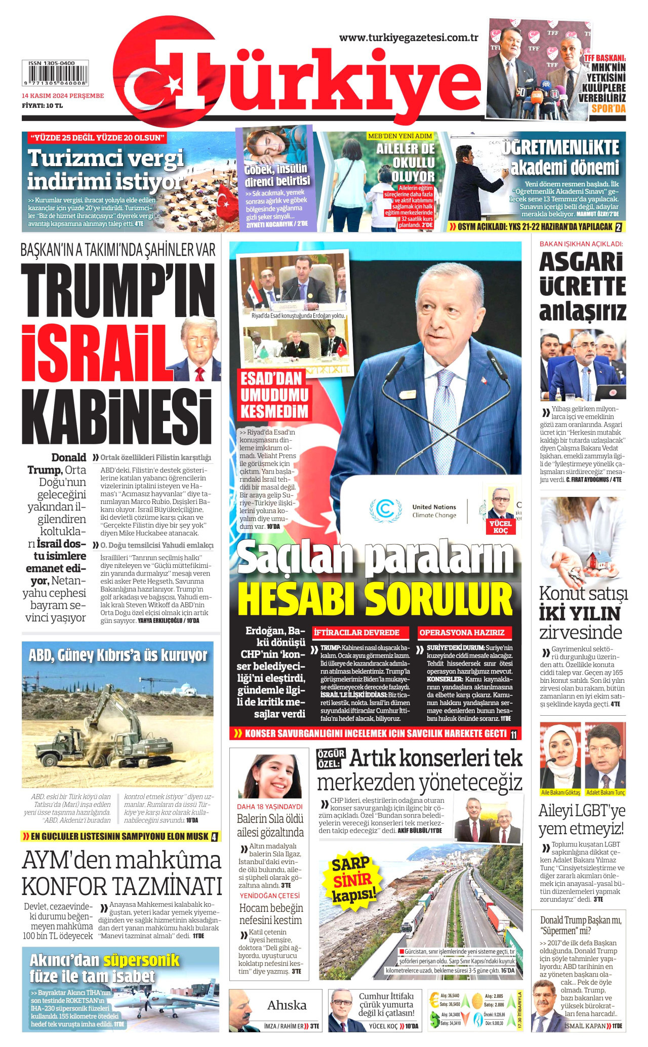 TÜRKİYE GAZETESİ gazetesinin 14 Kasım 2024 tarihli birinci sayfası