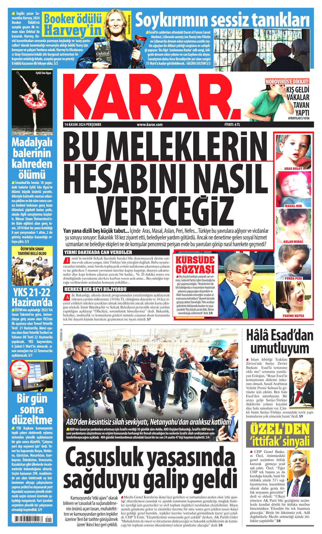 KARAR gazetesinin 14 Kasım 2024 tarihli birinci sayfası