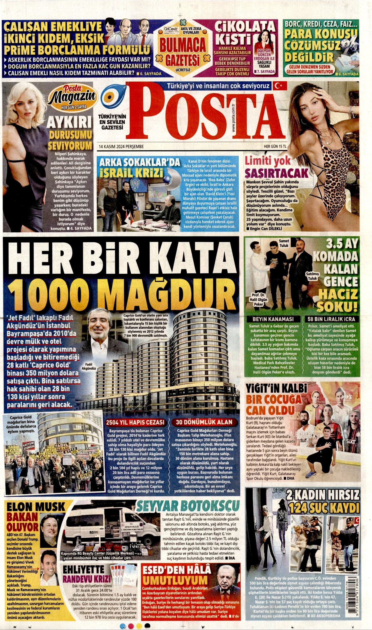 POSTA gazetesinin 14 Kasım 2024 tarihli birinci sayfası