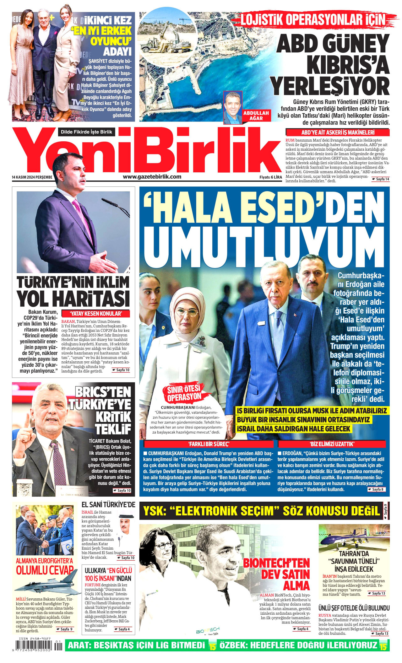 YENİBİRLİK gazetesinin 14 Kasım 2024 tarihli birinci sayfası