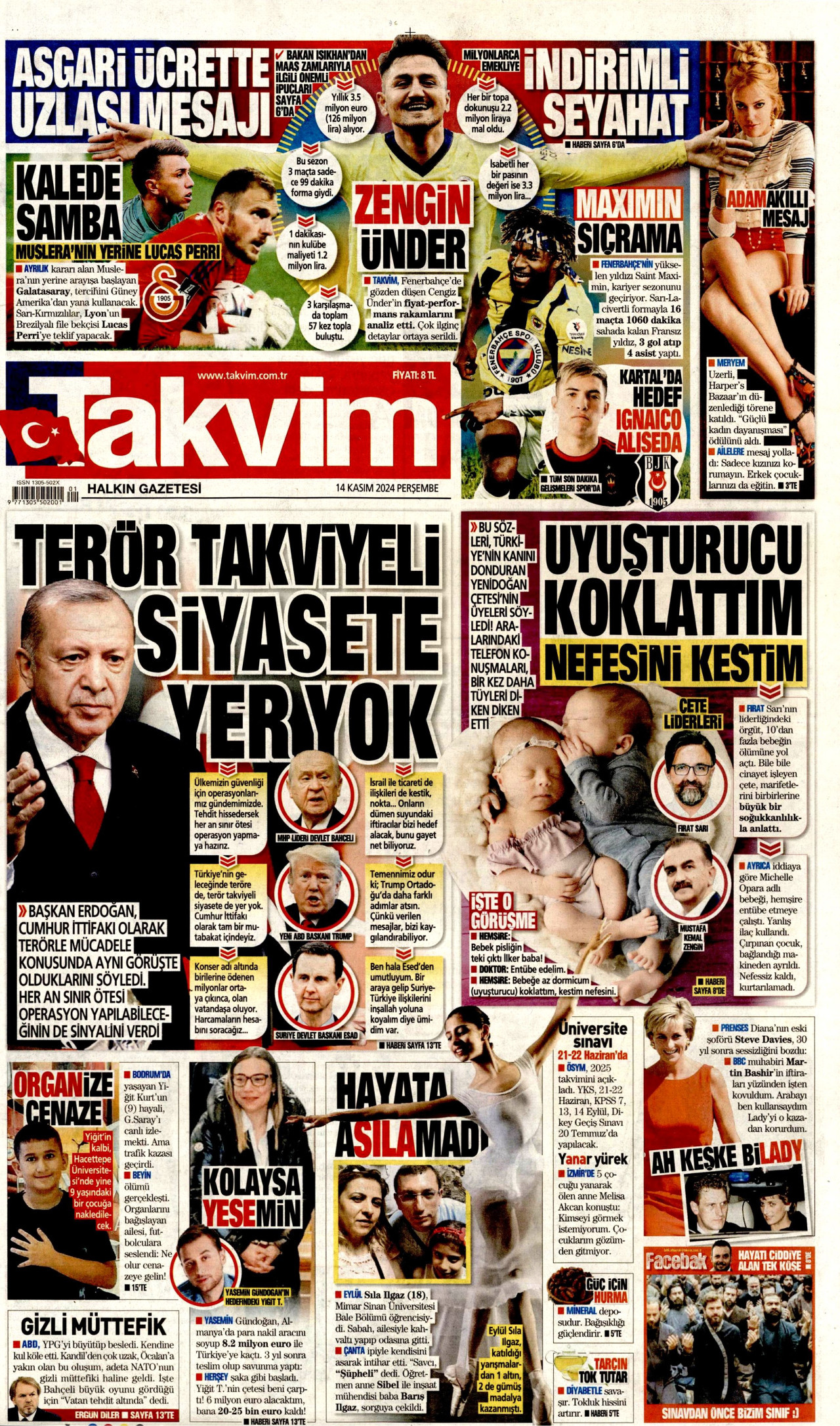 TAKVİM gazetesinin 14 Kasım 2024 tarihli birinci sayfası