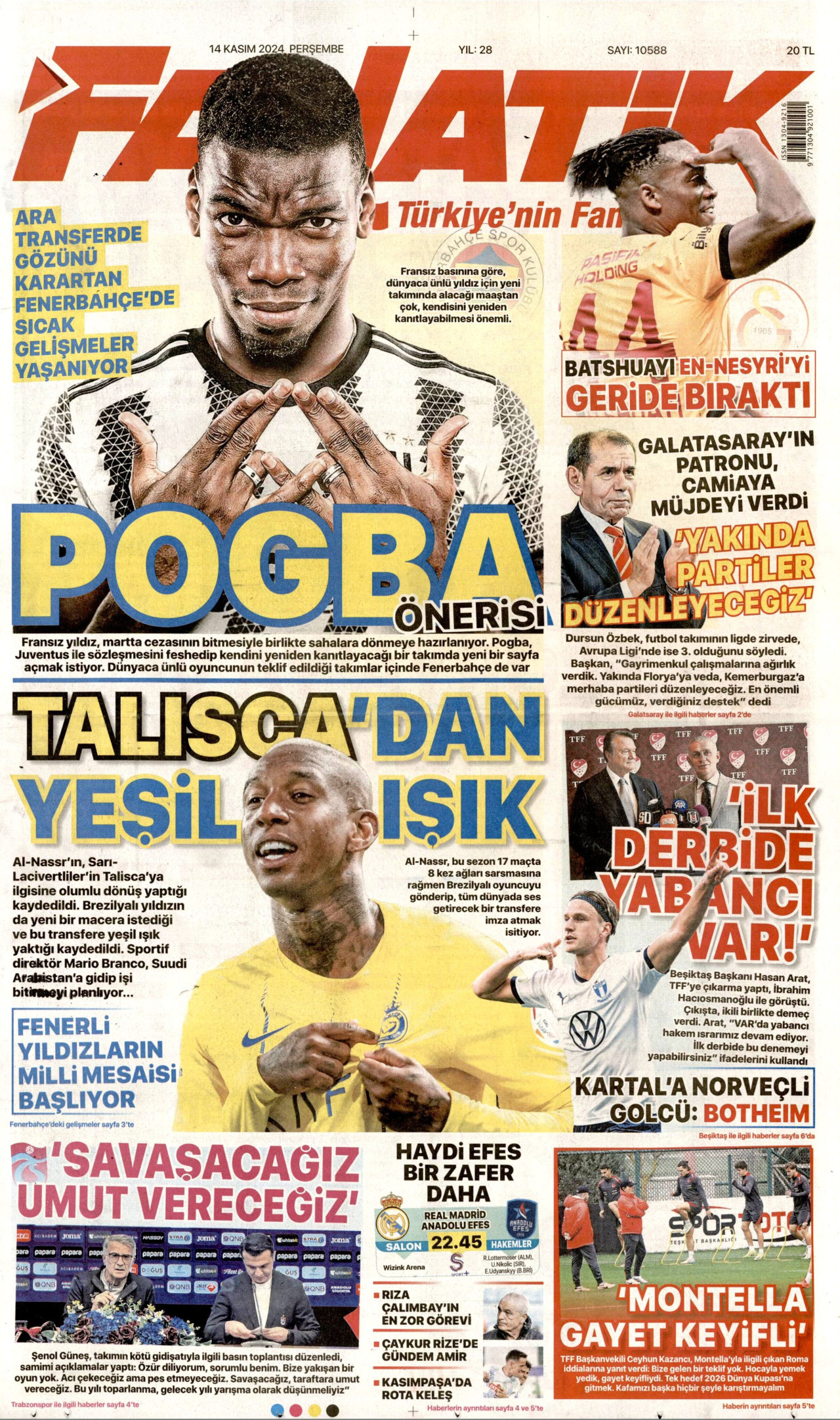 FANATİK gazetesinin 14 Kasım 2024 tarihli birinci sayfası