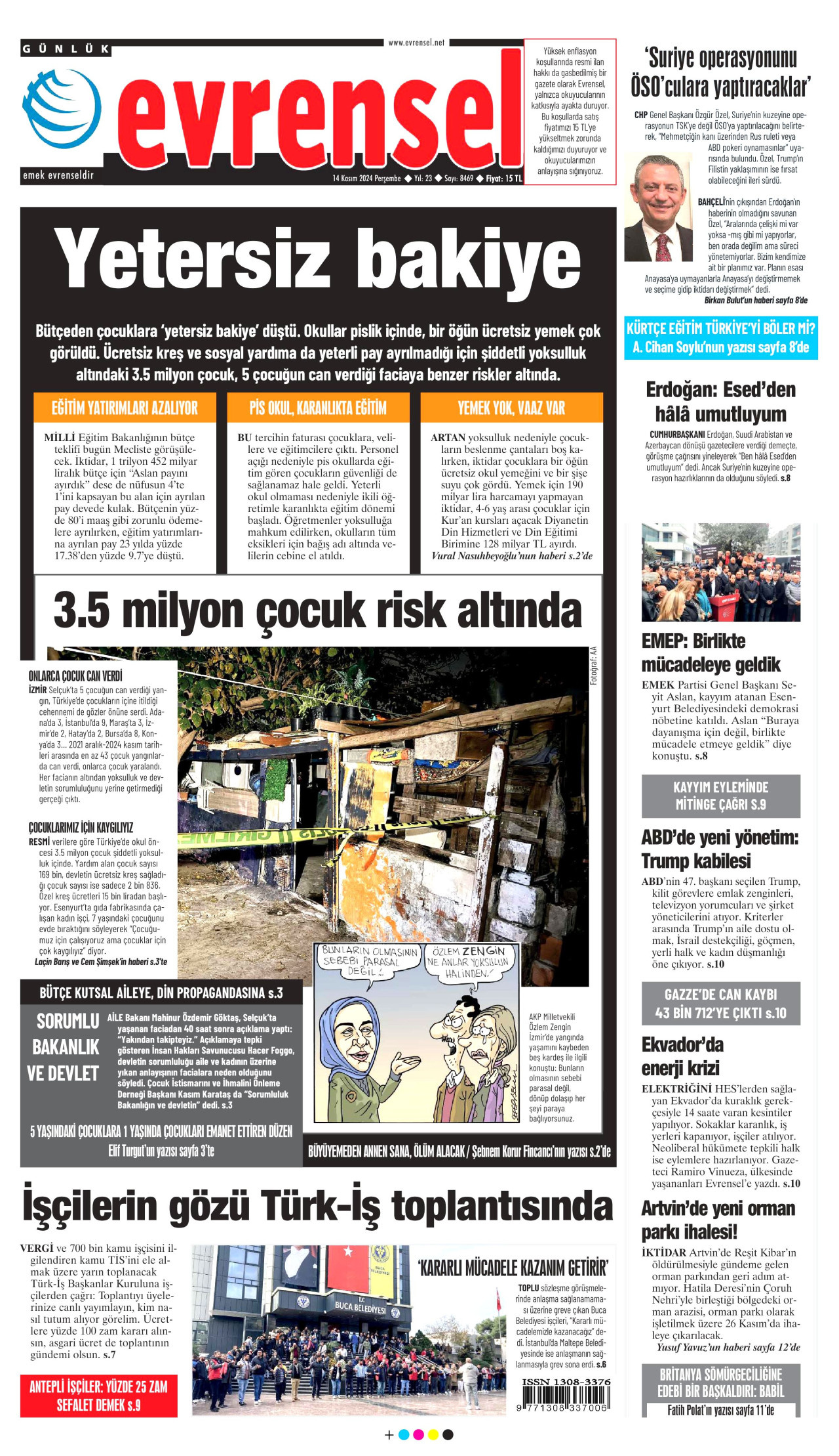 EVRENSEL gazetesinin 14 Kasım 2024 tarihli birinci sayfası