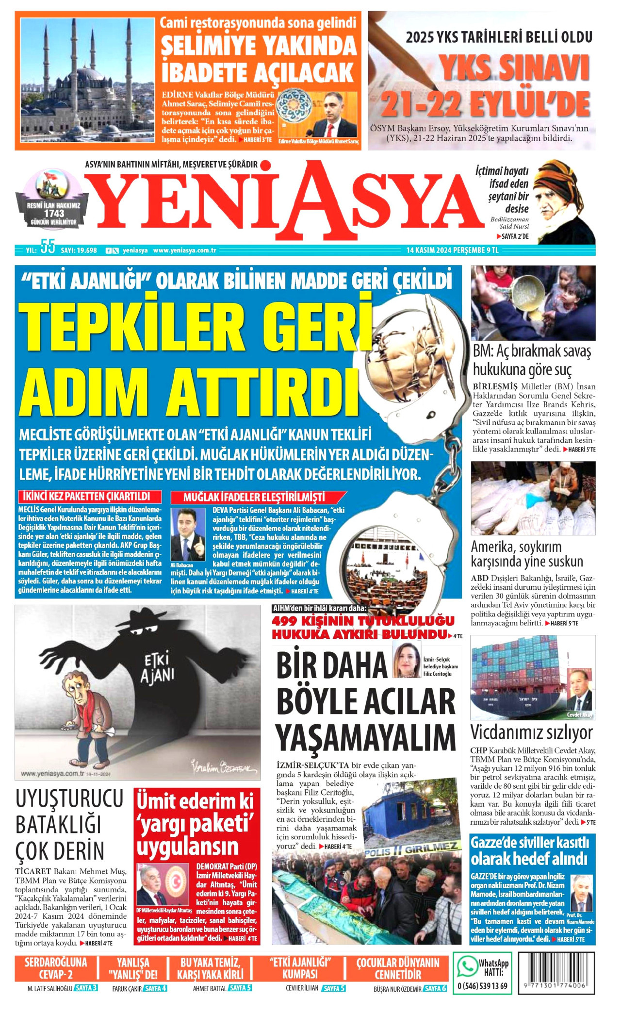 YENİ ASYA gazetesinin 14 Kasım 2024 tarihli birinci sayfası