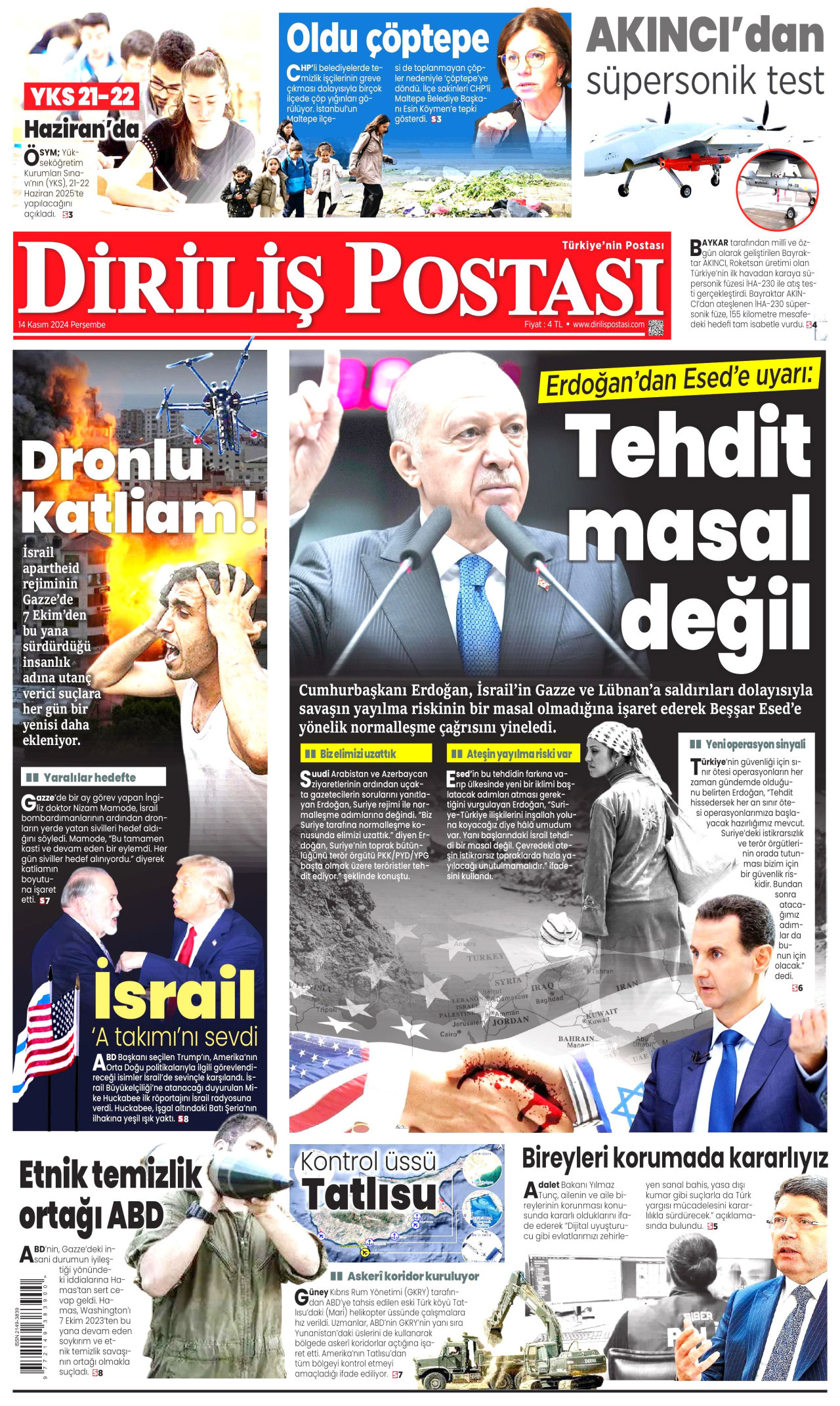 DİRİLİŞ POSTASI gazetesinin 14 Kasım 2024 tarihli birinci sayfası