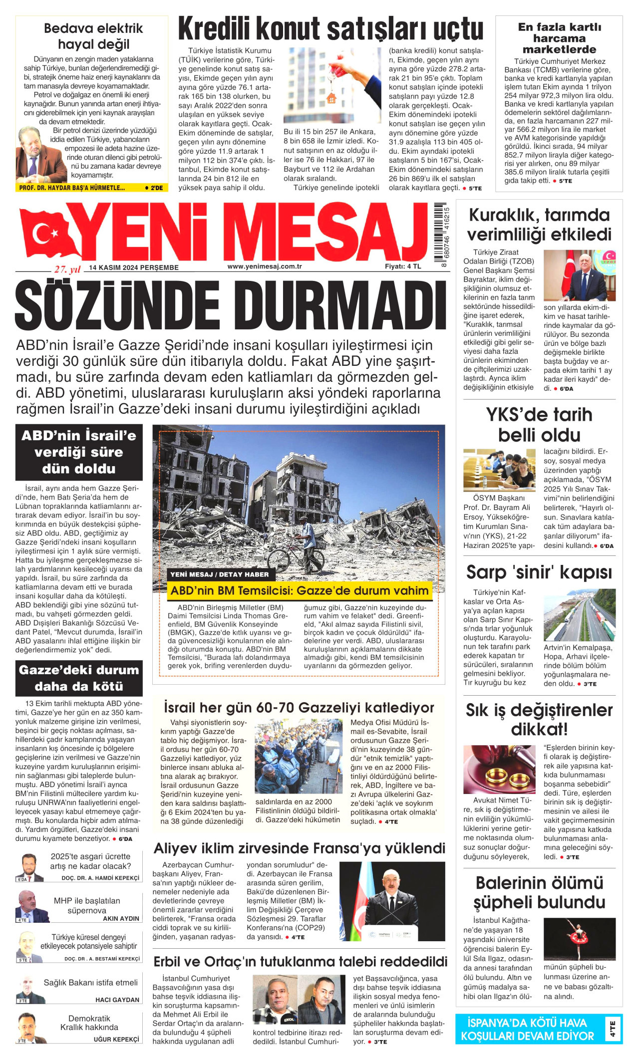 YENİ MESAJ gazetesinin 14 Kasım 2024 tarihli birinci sayfası