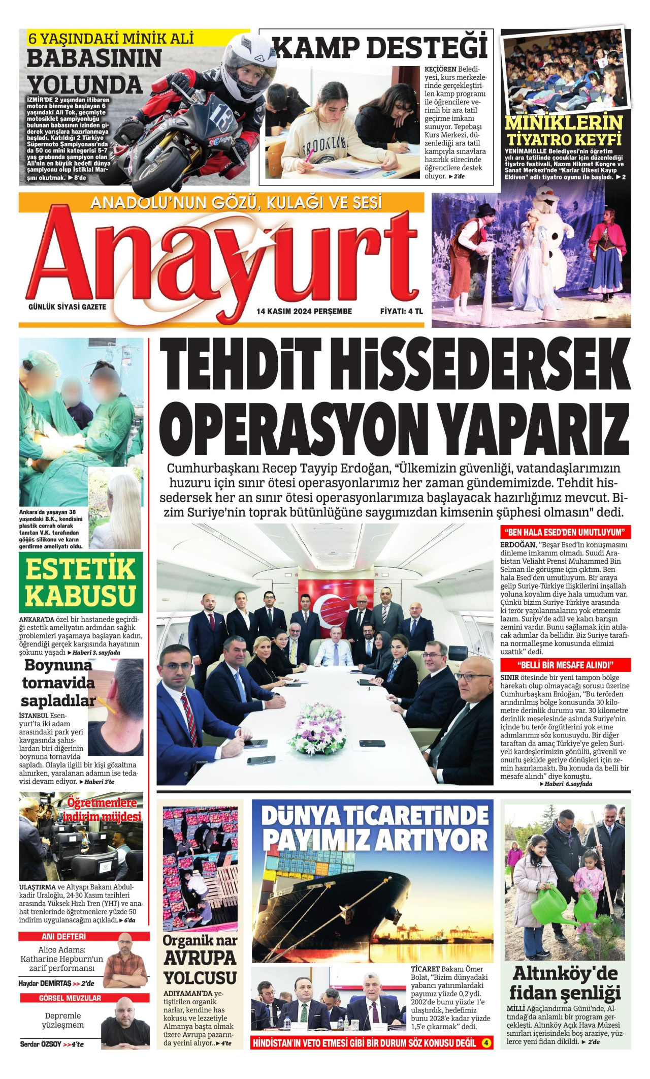 ANAYURT gazetesinin 14 Kasım 2024 tarihli birinci sayfası