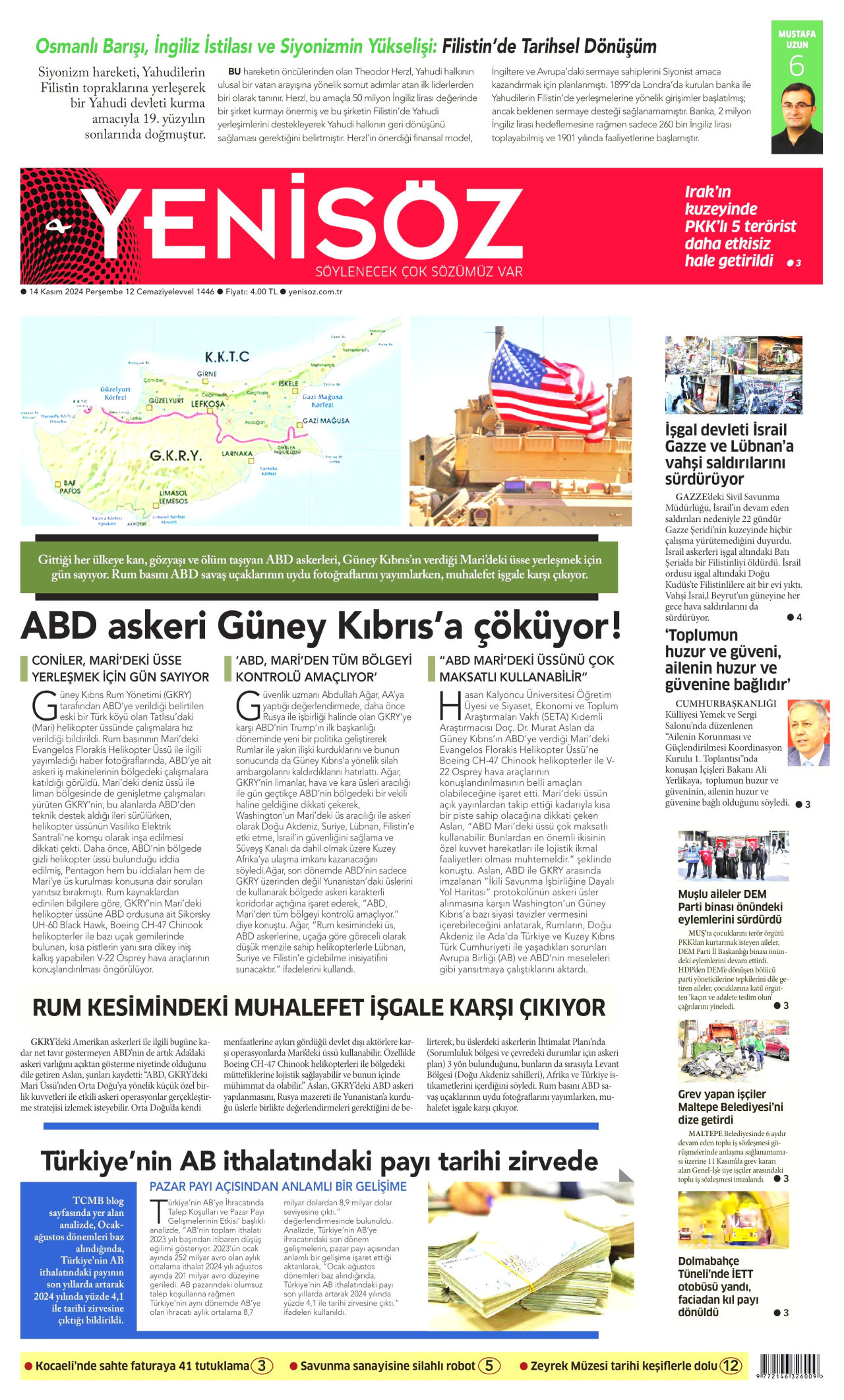 YENİ SÖZ GAZETESİ gazetesinin 14 Kasım 2024 tarihli birinci sayfası