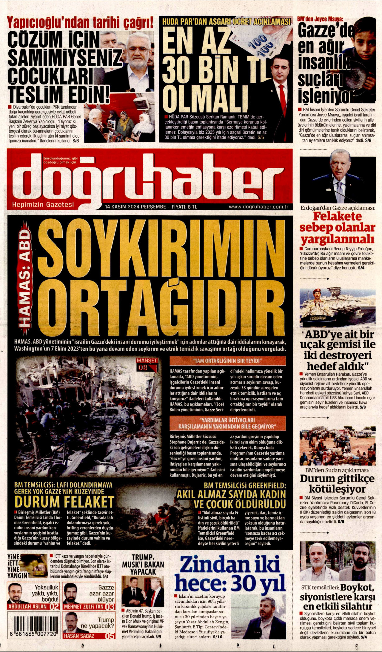 DOĞRU HABER gazetesinin 14 Kasım 2024 tarihli birinci sayfası