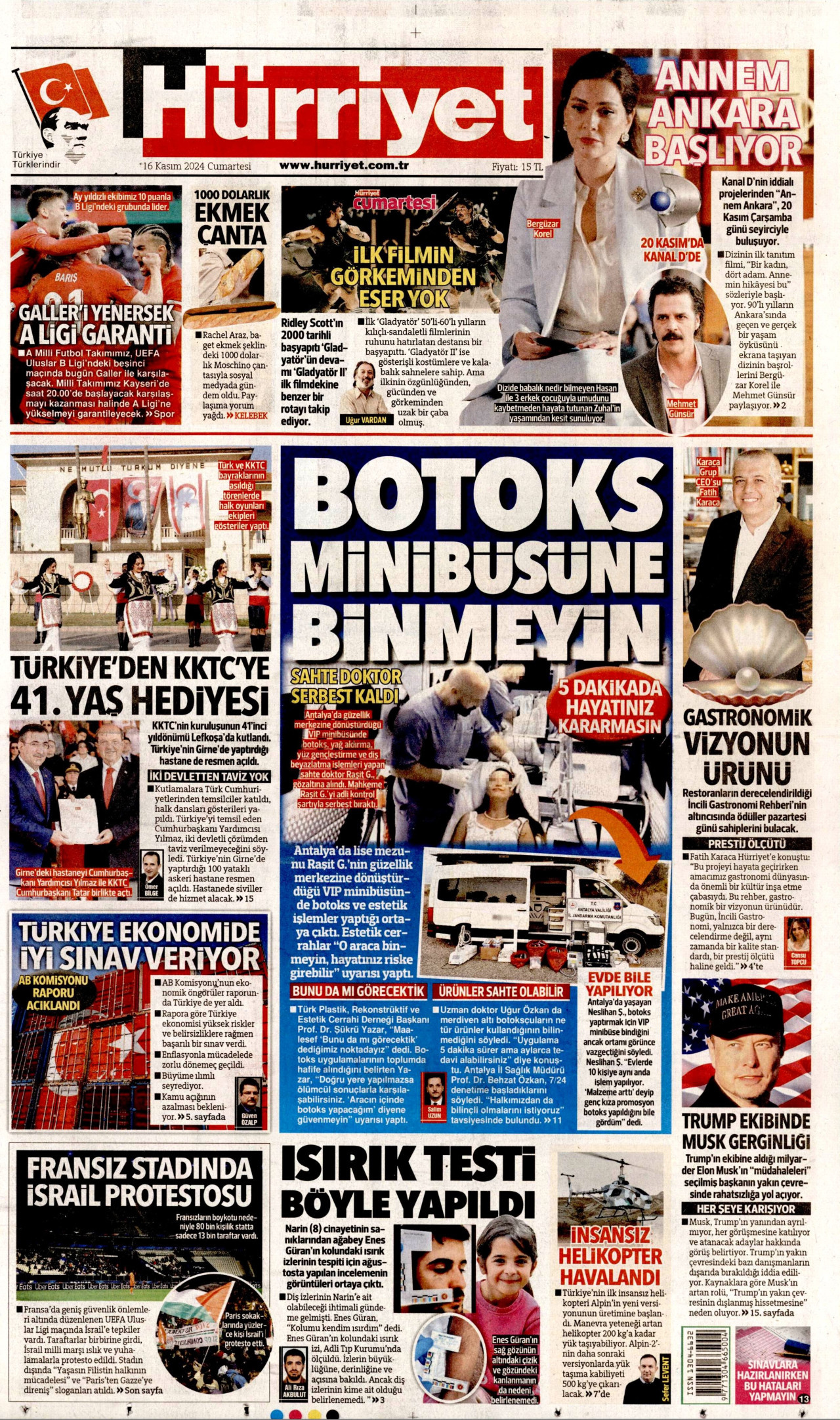 HÜRRİYET gazetesinin 16 Kasım 2024 tarihli birinci sayfası