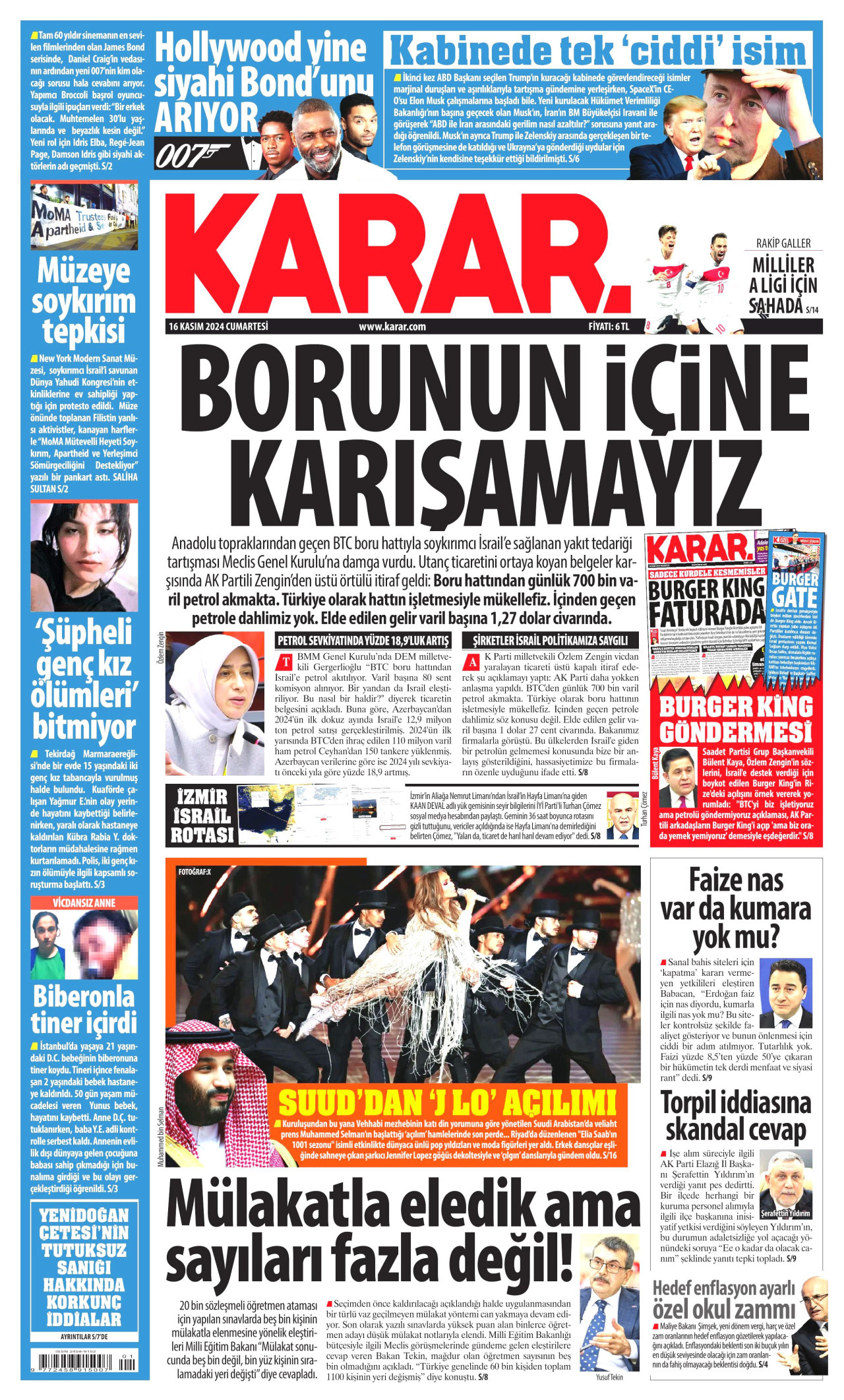 KARAR gazetesinin 16 Kasım 2024 tarihli birinci sayfası
