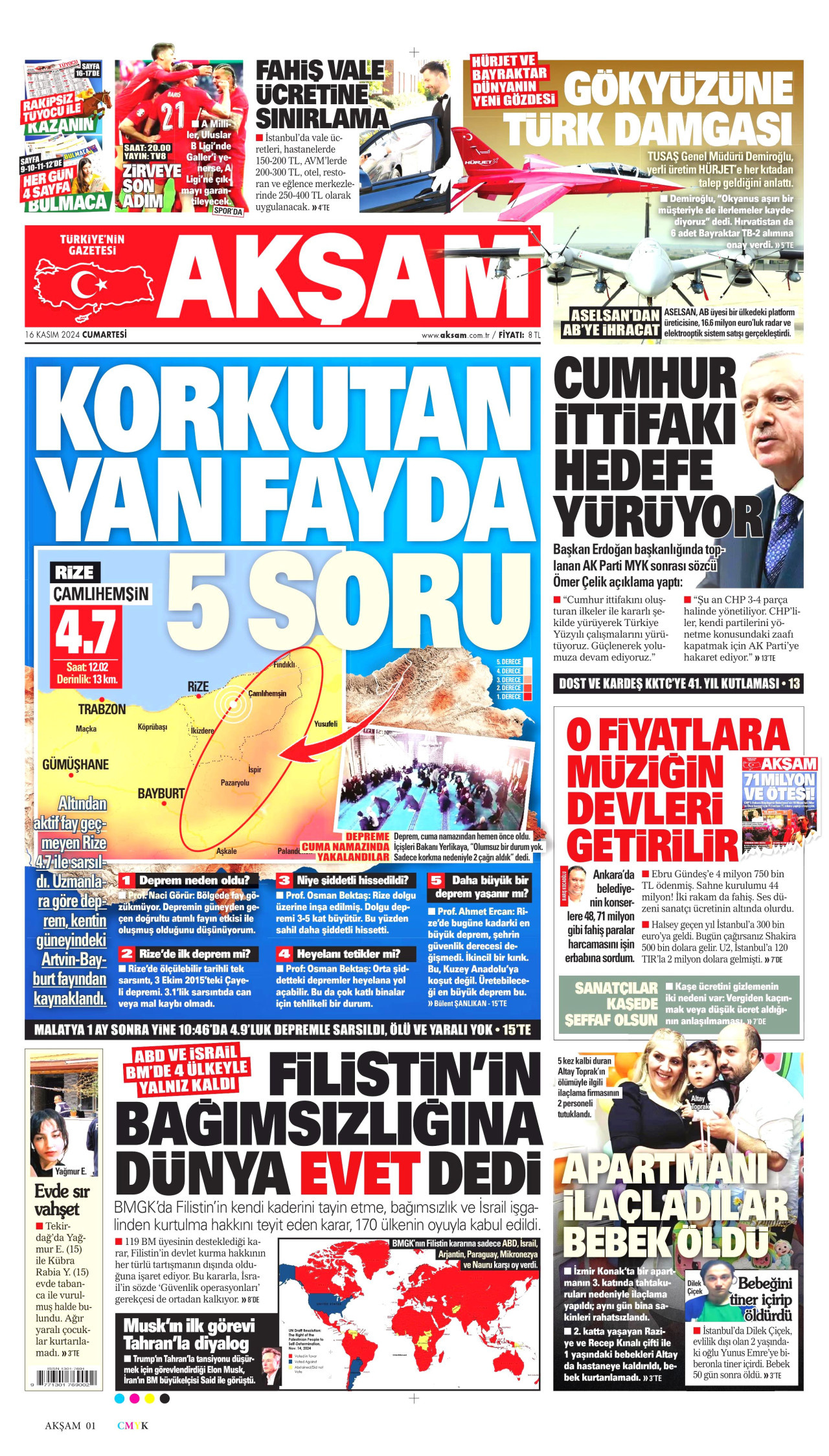 AKŞAM gazetesinin 16 Kasım 2024 tarihli birinci sayfası