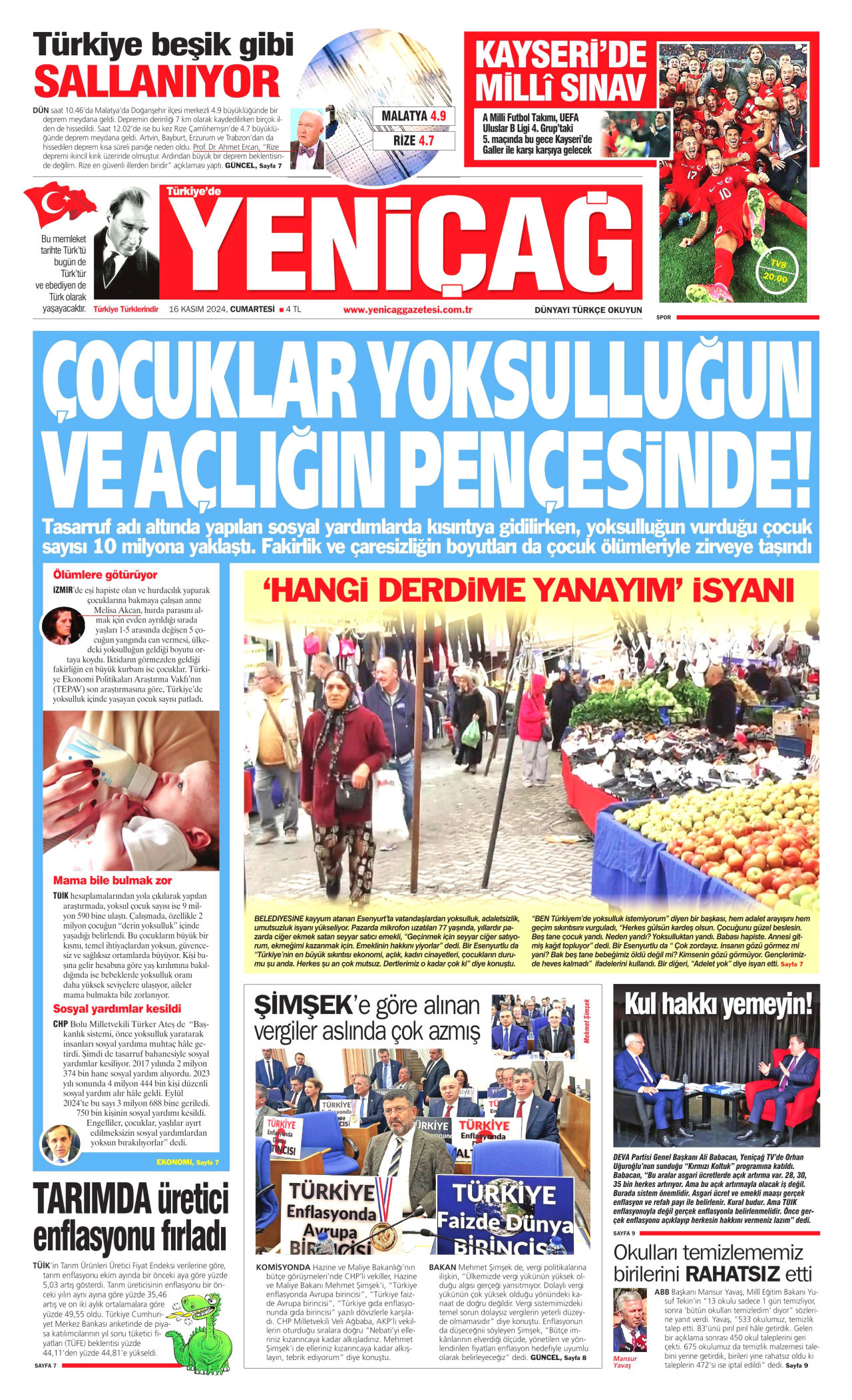 YENİÇAĞ gazetesinin 16 Kasım 2024 tarihli birinci sayfası