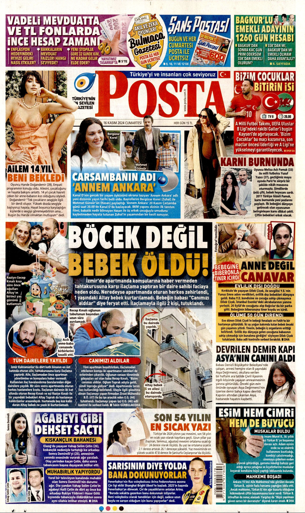 POSTA gazetesinin 16 Kasım 2024 tarihli birinci sayfası