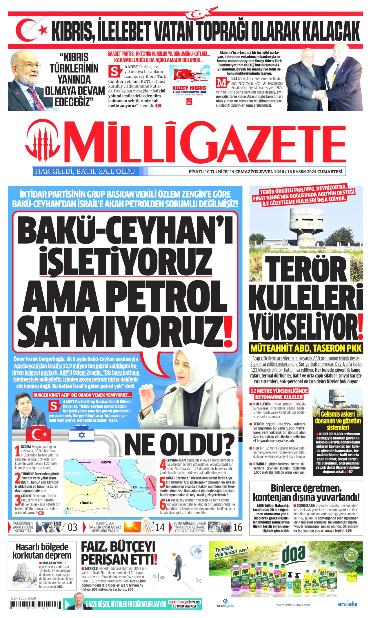 MİLLİ GAZETE gazetesinin 16 Kasım 2024 tarihli birinci sayfası
