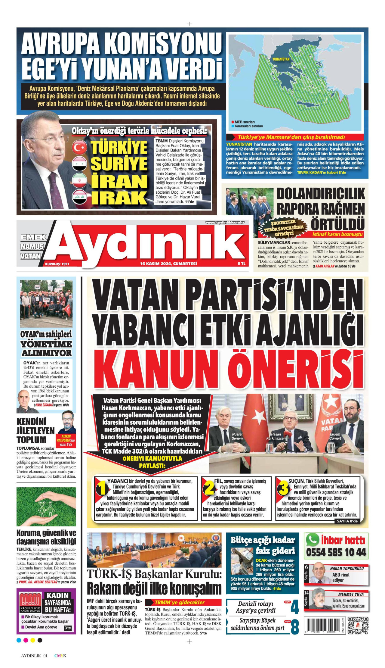 AYDINLIK GAZETESİ gazetesinin 16 Kasım 2024 tarihli birinci sayfası
