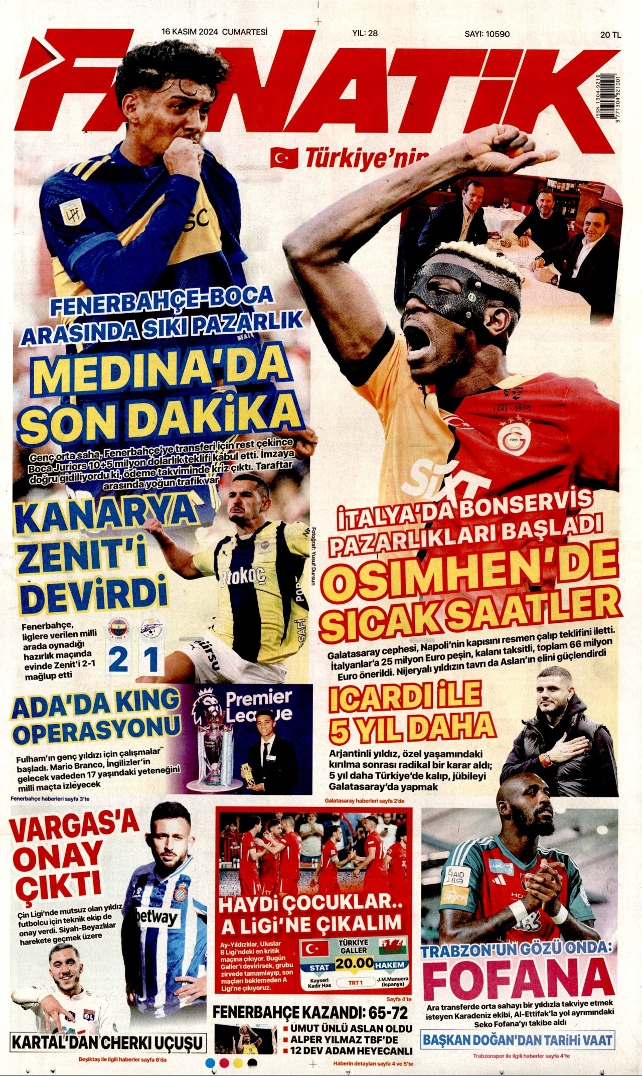FANATİK gazetesinin 16 Kasım 2024 tarihli birinci sayfası