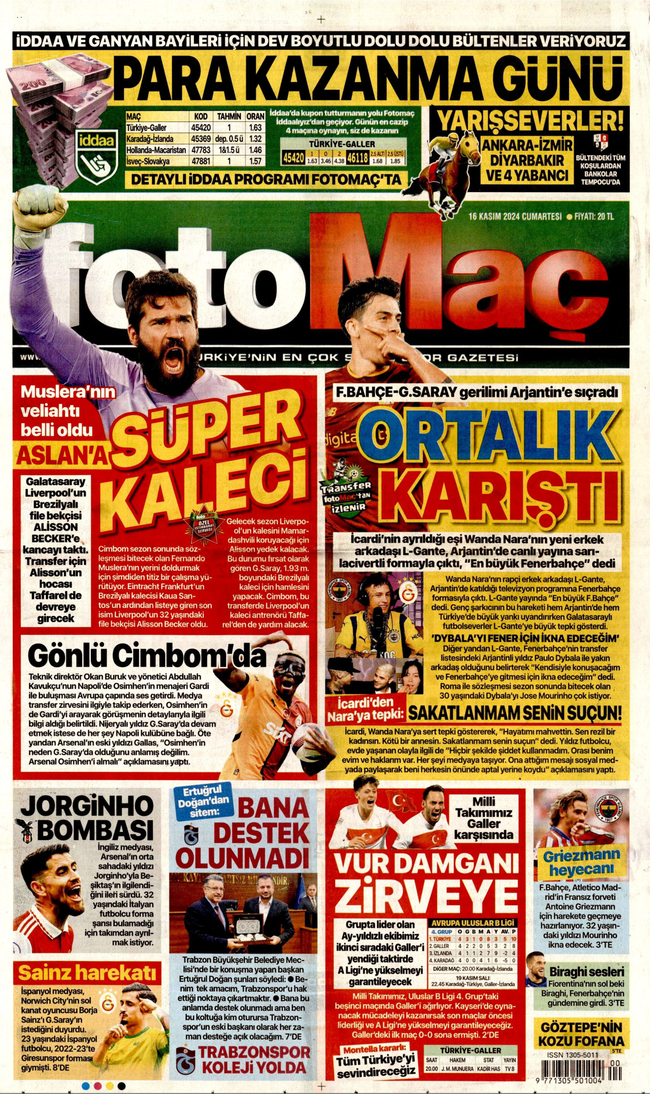 FOTOMAÇ gazetesinin 16 Kasım 2024 tarihli birinci sayfası
