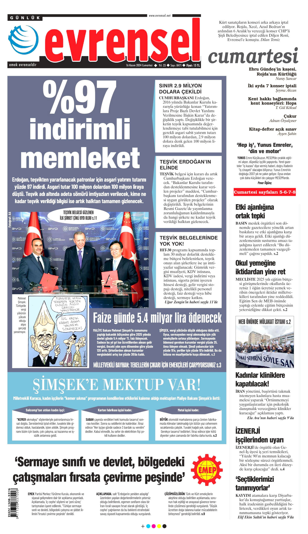 EVRENSEL gazetesinin 16 Kasım 2024 tarihli birinci sayfası