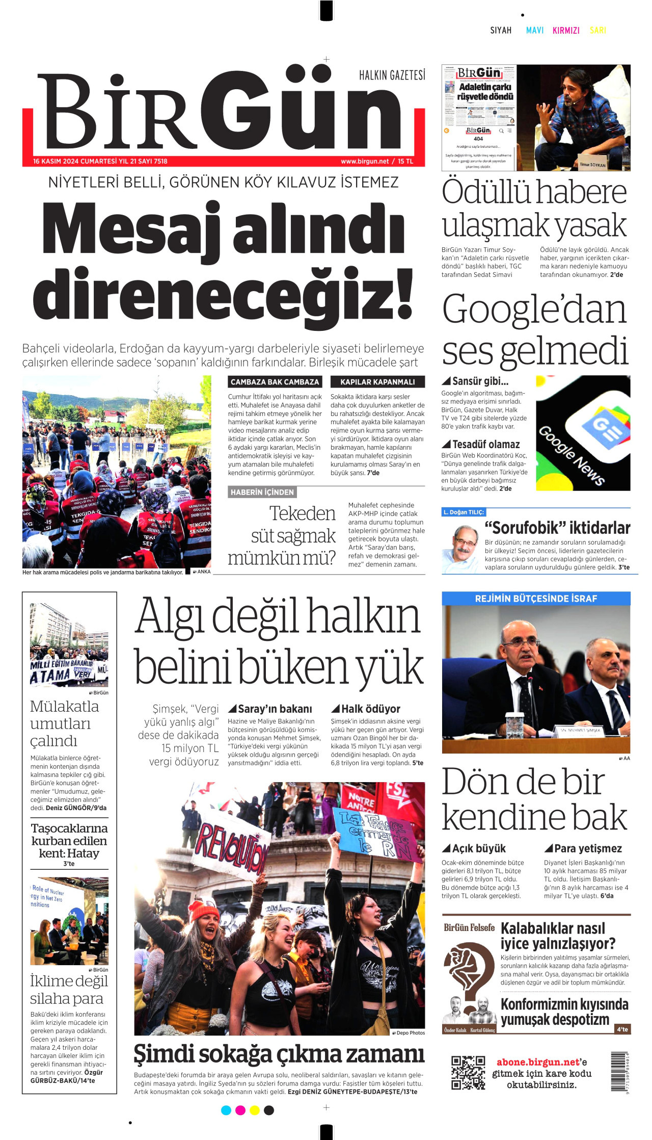 BİRGÜN gazetesinin 16 Kasım 2024 tarihli birinci sayfası