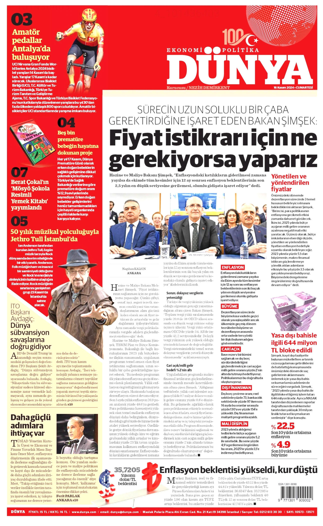 DÜNYA gazetesinin 16 Kasım 2024 tarihli birinci sayfası